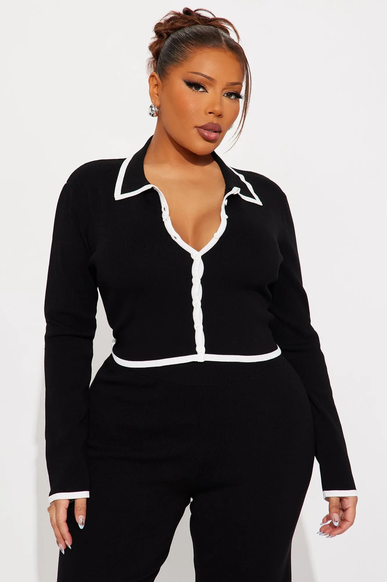 Contrast Edge Sweater Pant Set - Black 