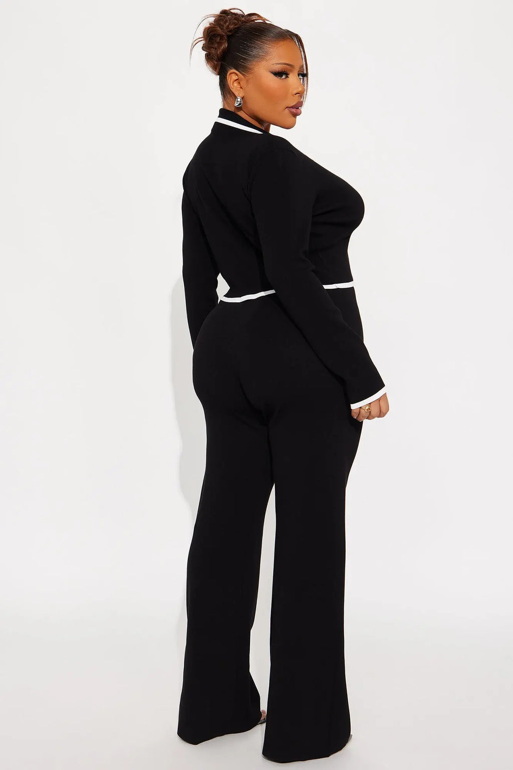 Contrast Edge Sweater Pant Set - Black 
