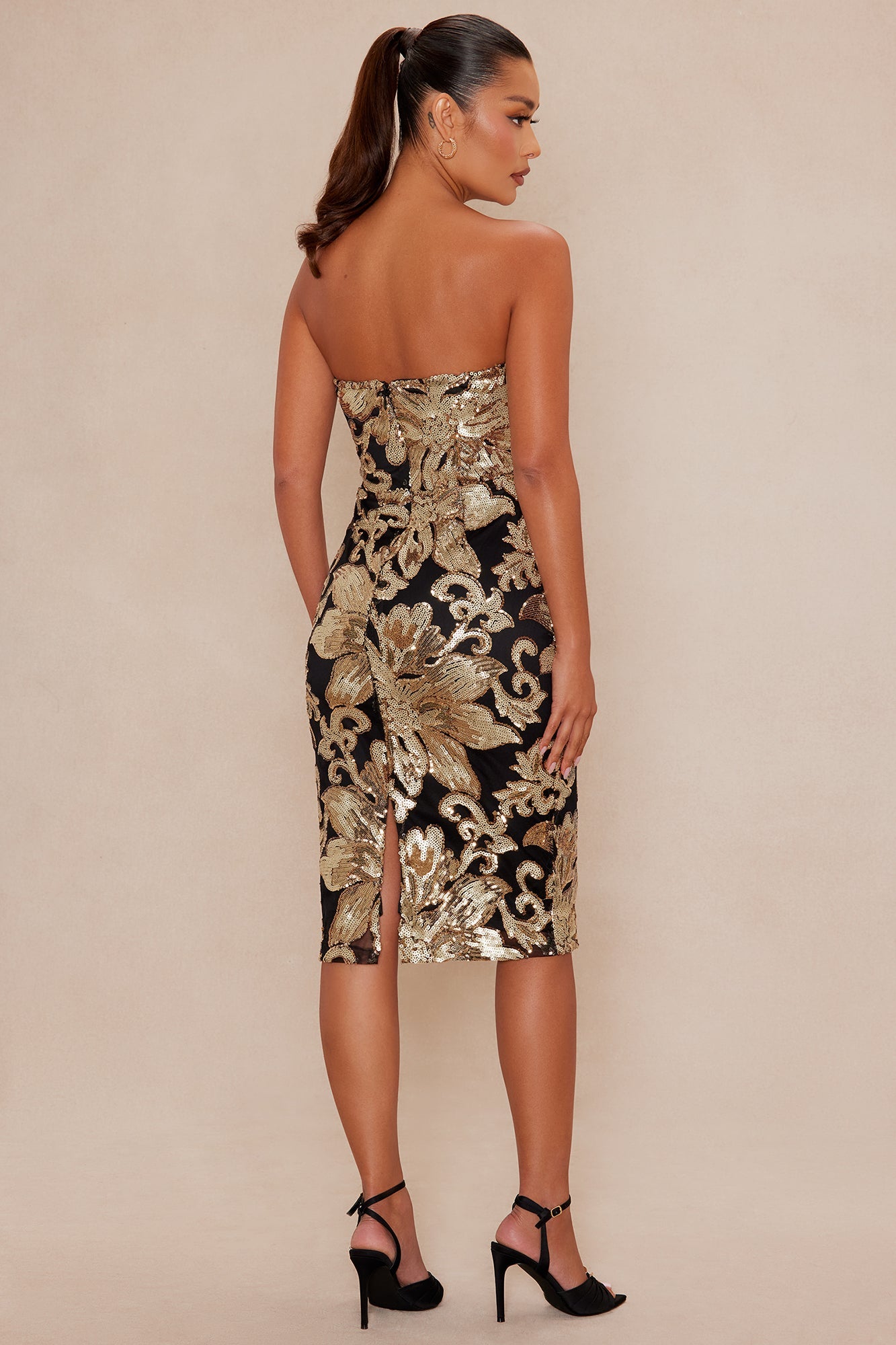 Miranda Sequin Strapless Midi Dress - Black/Gold 