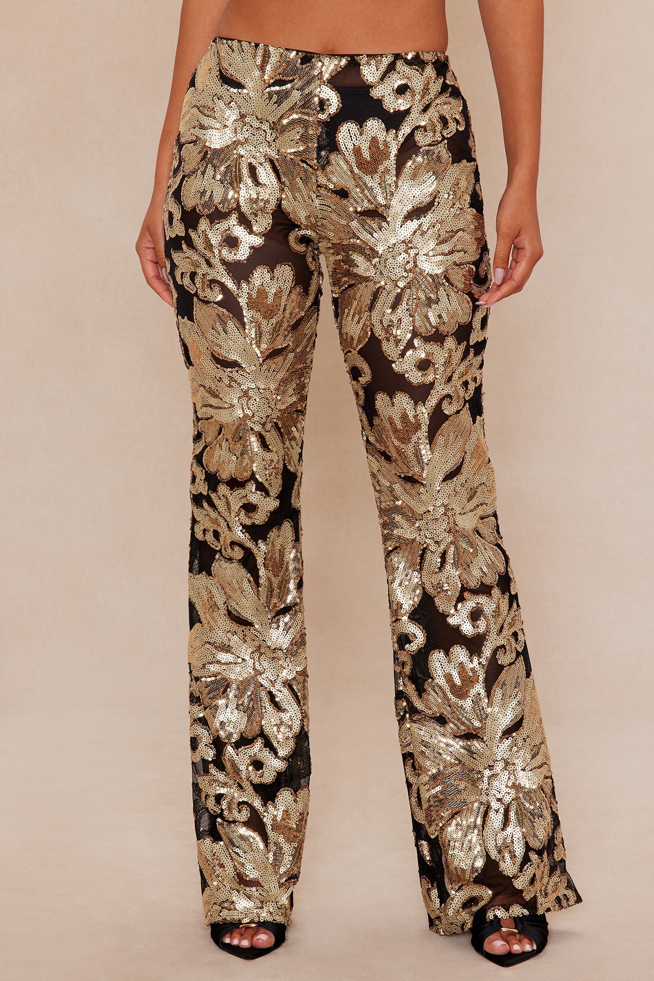 Miranda Sequin Flare Pant - Black/Gold 