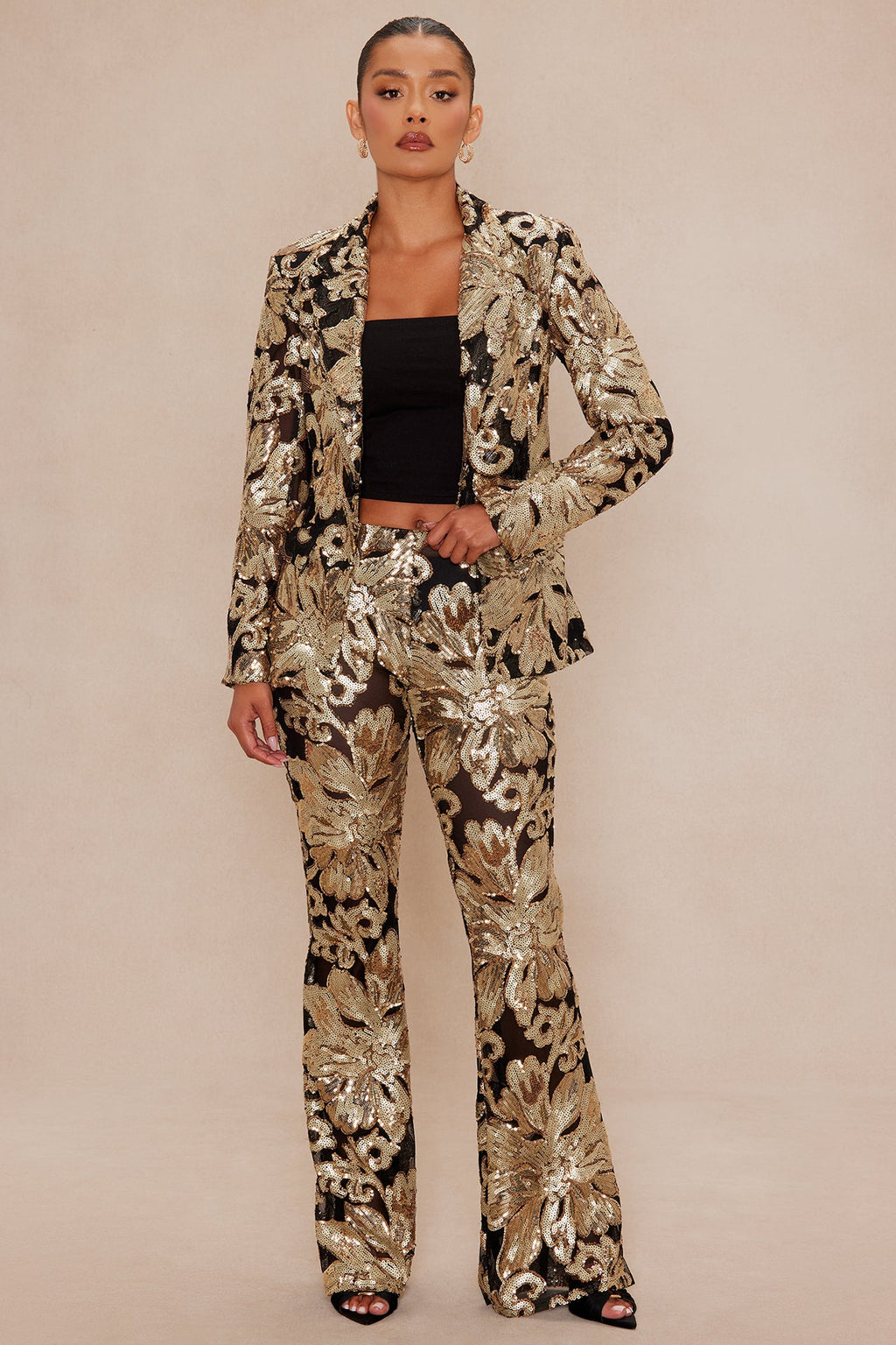 Miranda Sequin Flare Pant - Black/Gold 