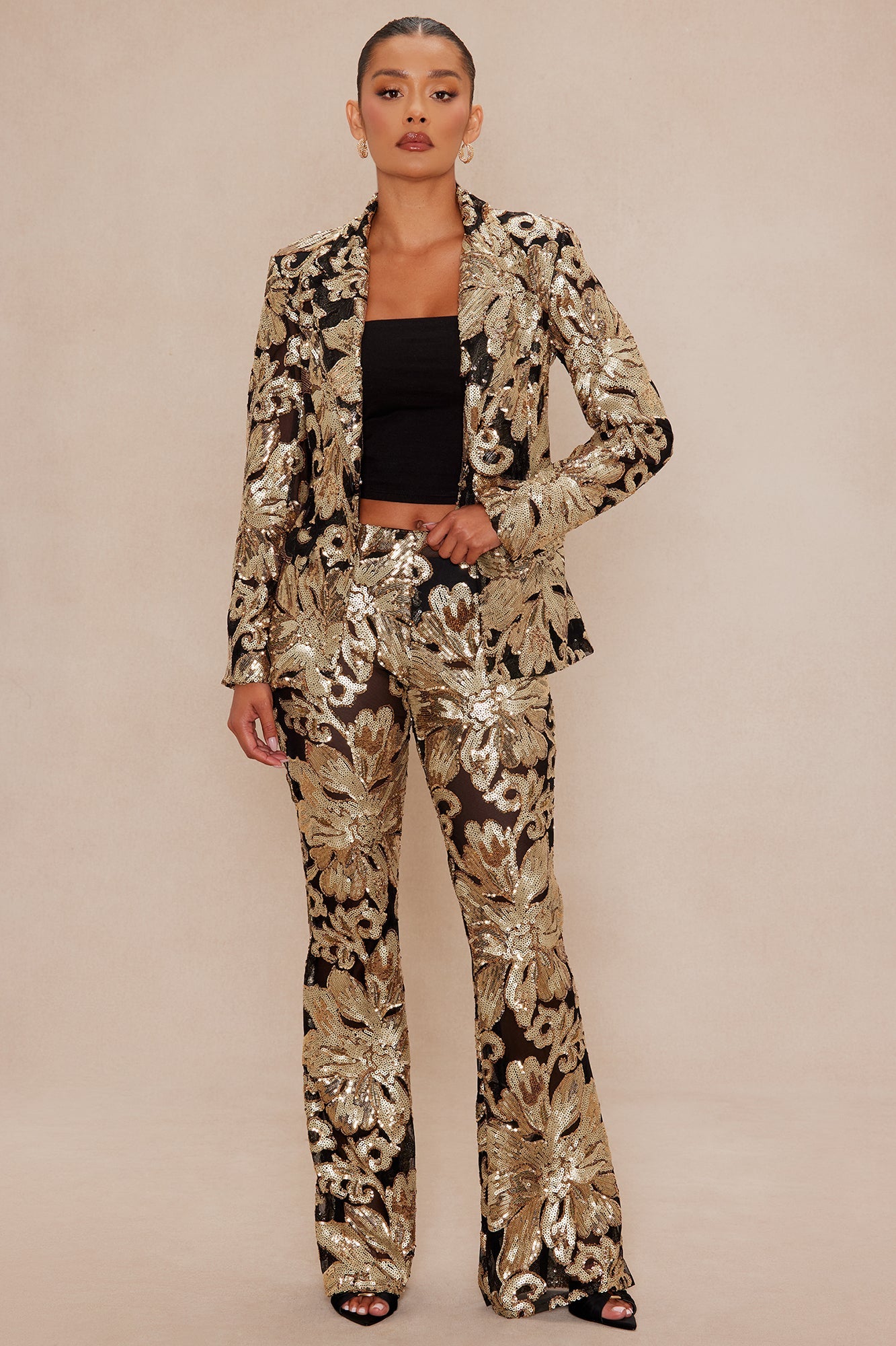 Miranda Sequin Flare Pant - Black/Gold 