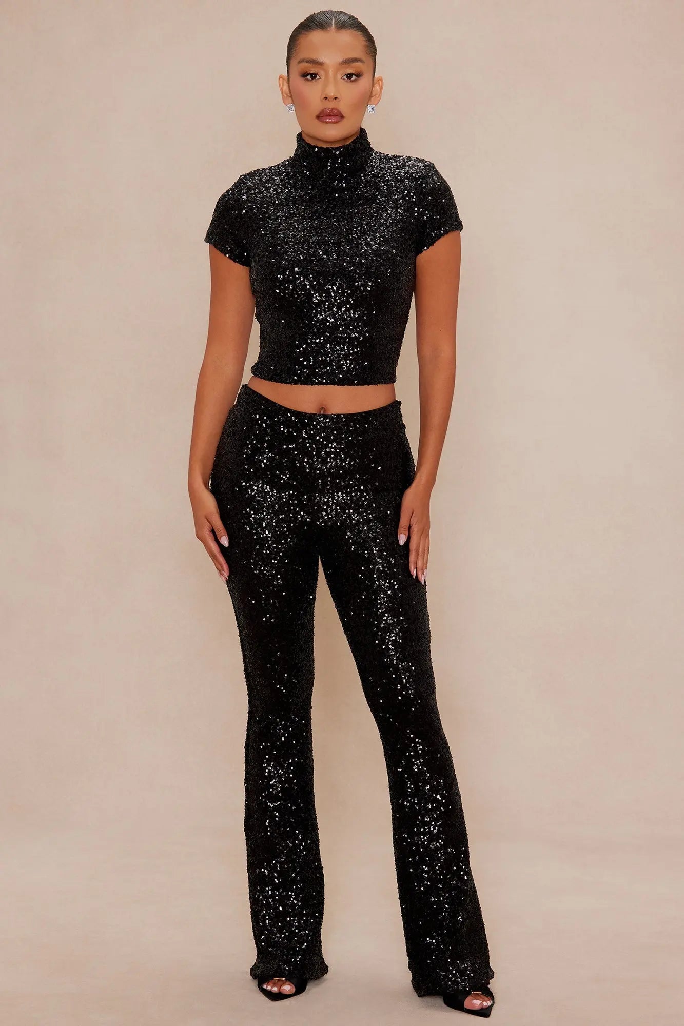 Azalea Sequin Flare Pant - Black 
