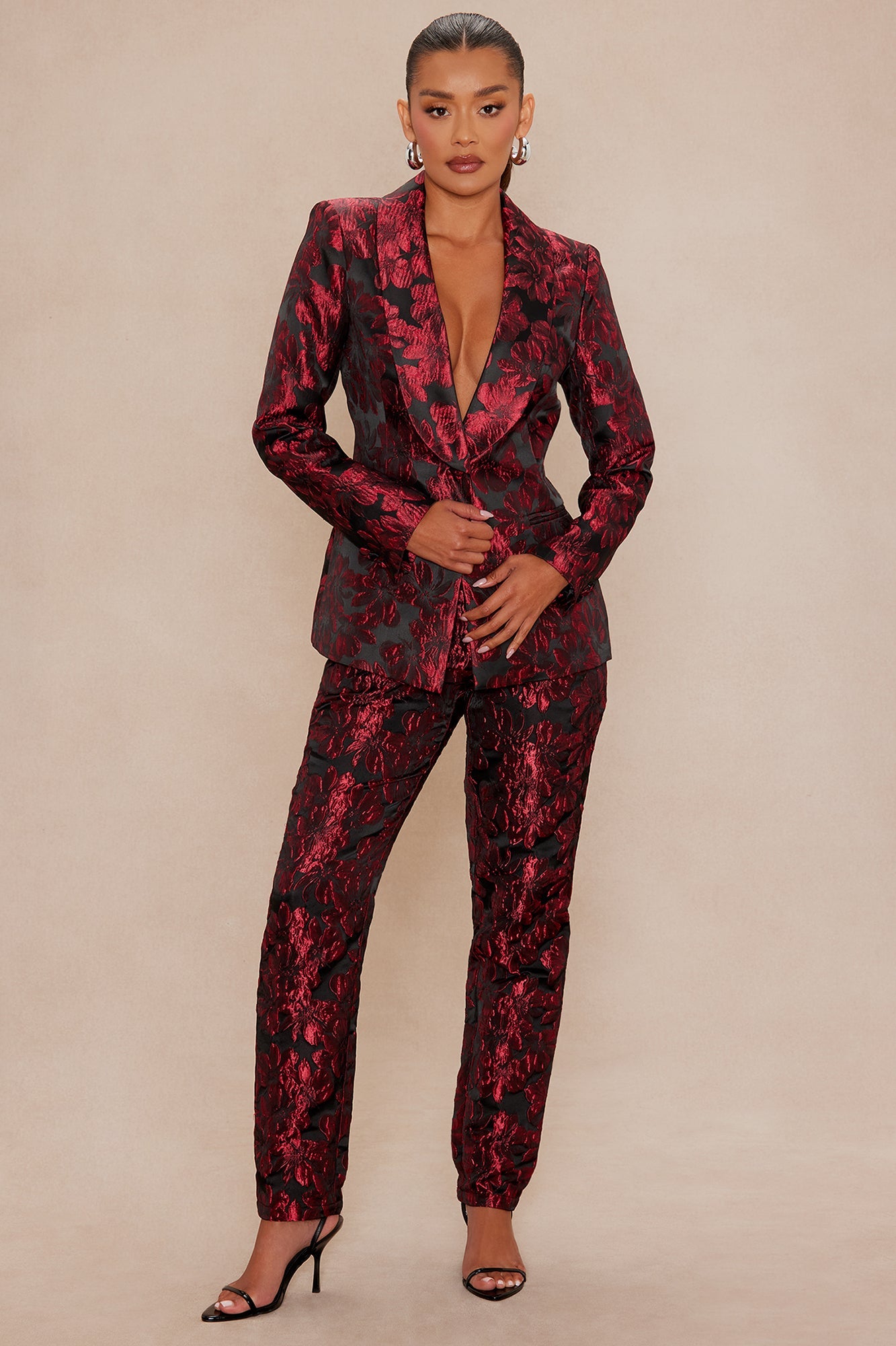 Crimson Touch Jacquard Blazer Pant Set - Red/Black