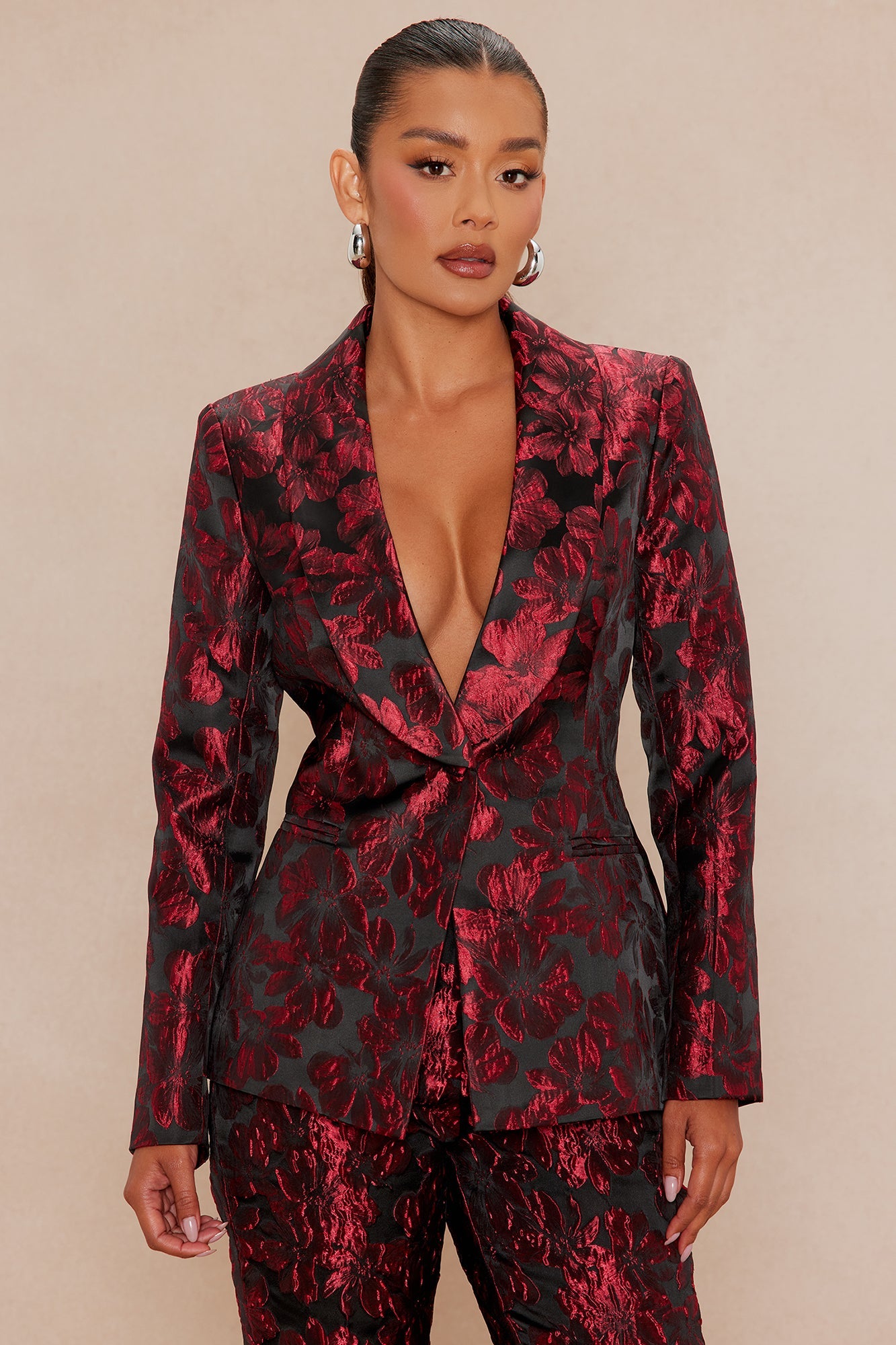 Crimson Touch Jacquard Blazer Pant Set - Red/Black