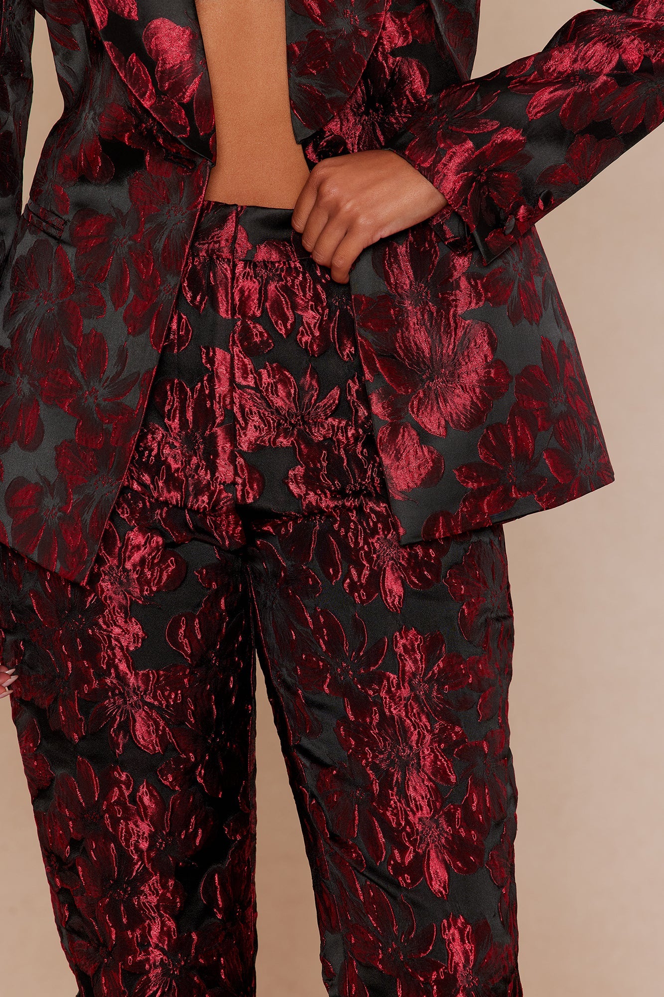 Crimson Touch Jacquard Blazer Pant Set - Red/Black