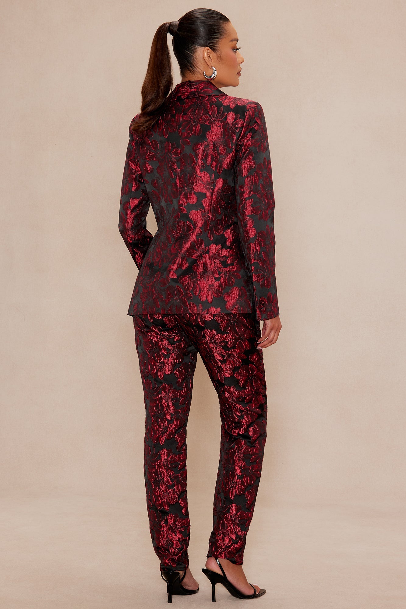 Crimson Touch Jacquard Blazer Pant Set - Red/Black