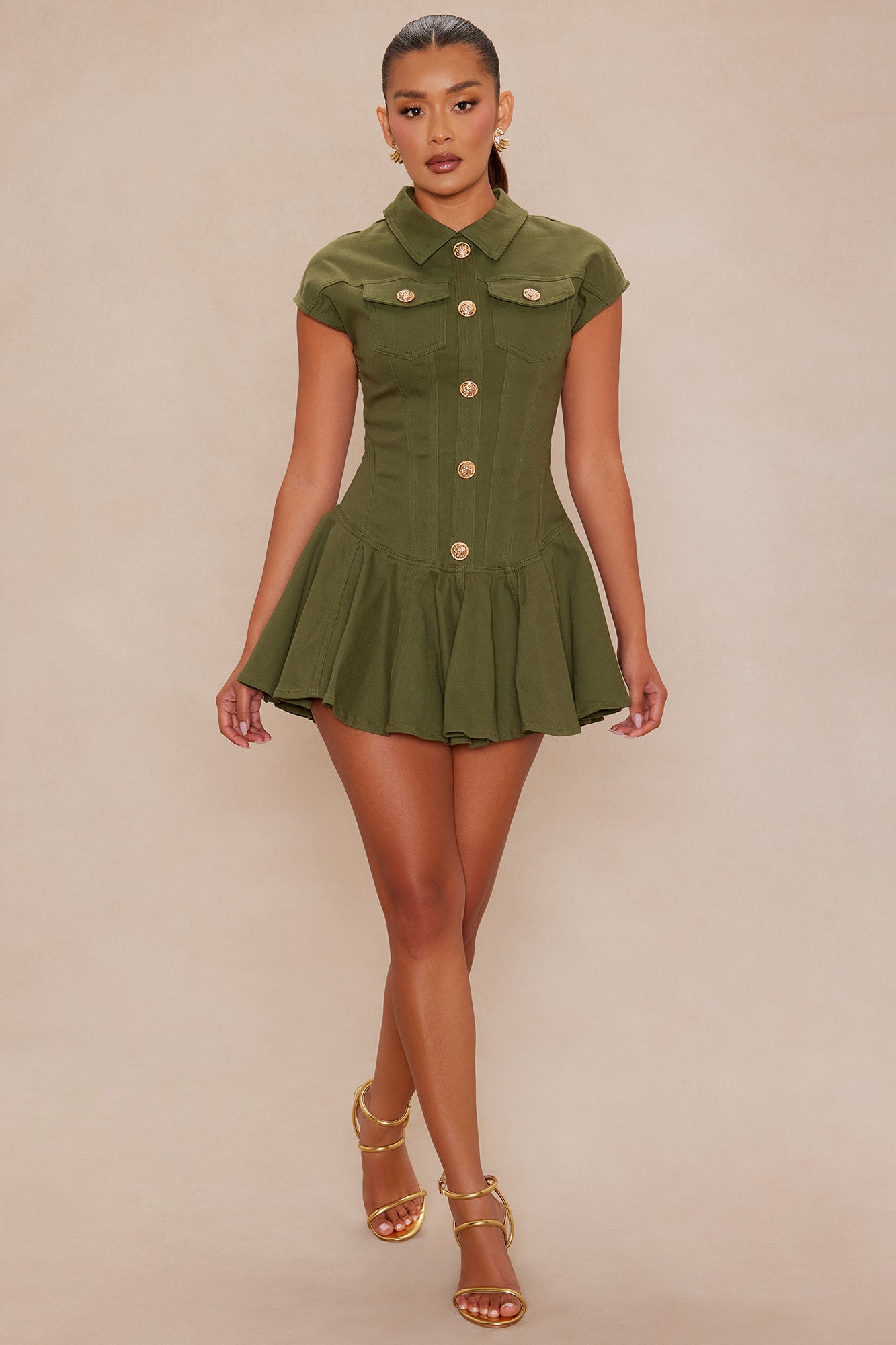 Dakota Pleated Denim Mini Dress - Olive 