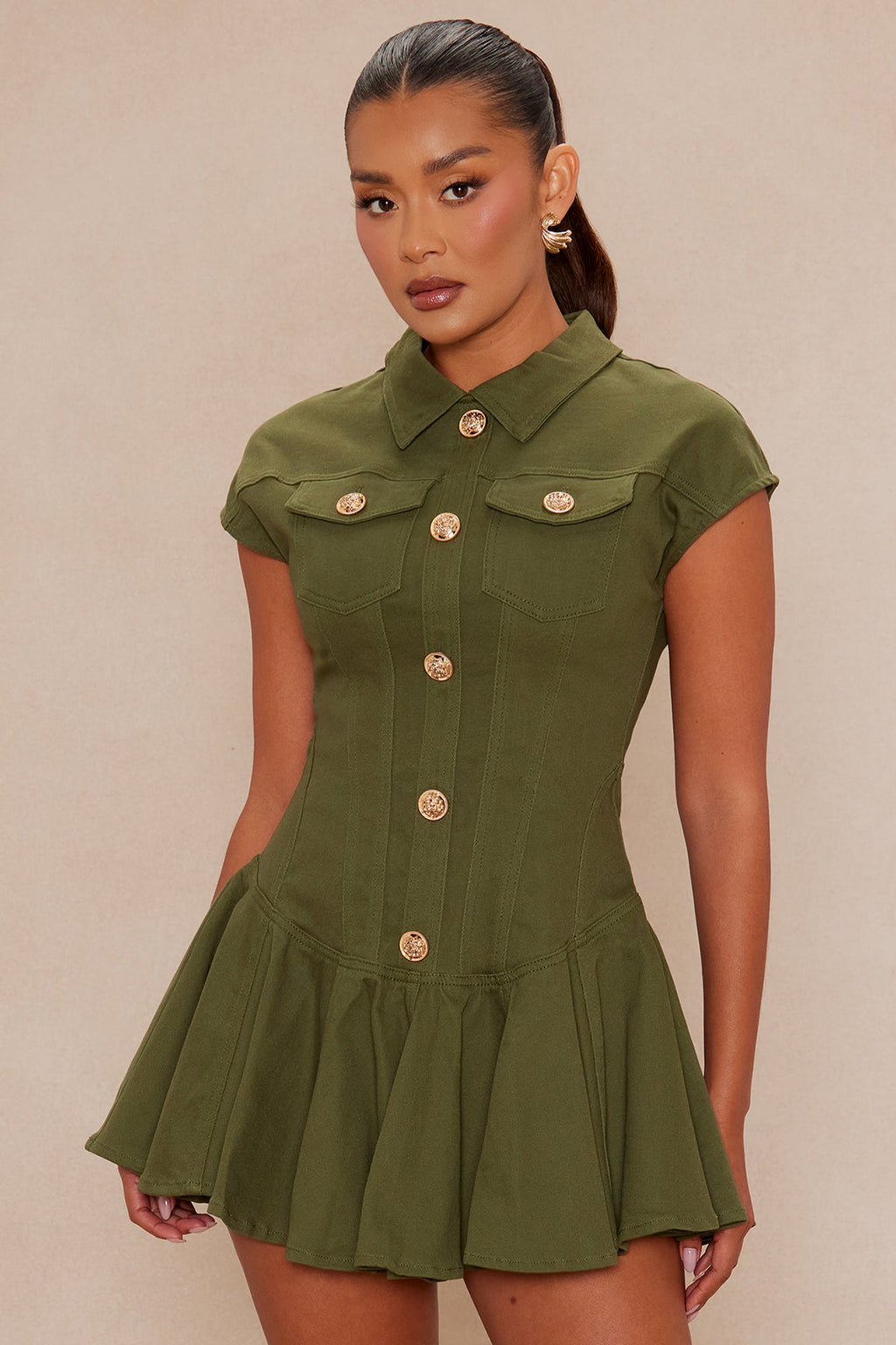 Dakota Pleated Denim Mini Dress - Olive 