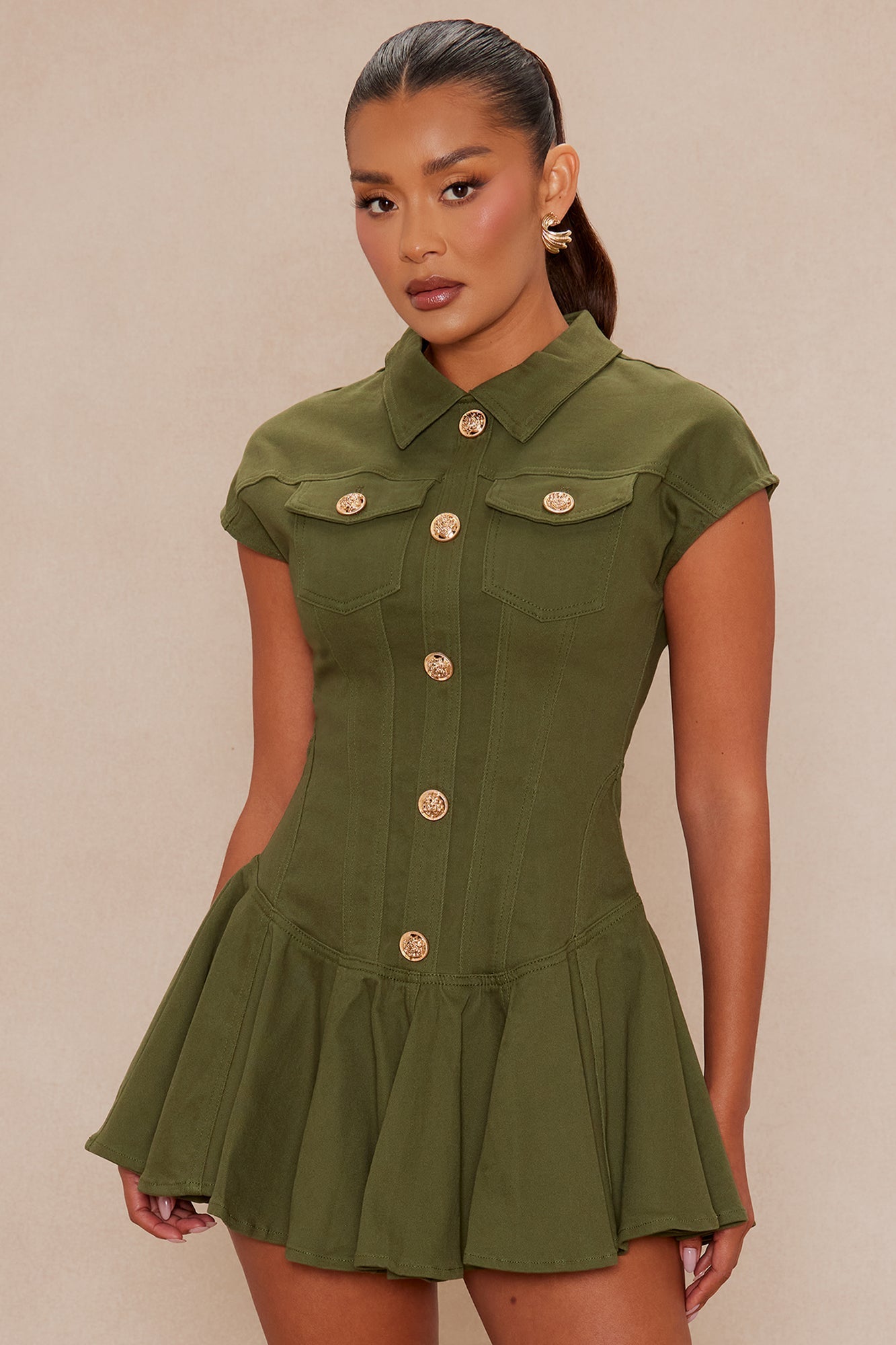 Dakota Pleated Denim Mini Dress - Olive 