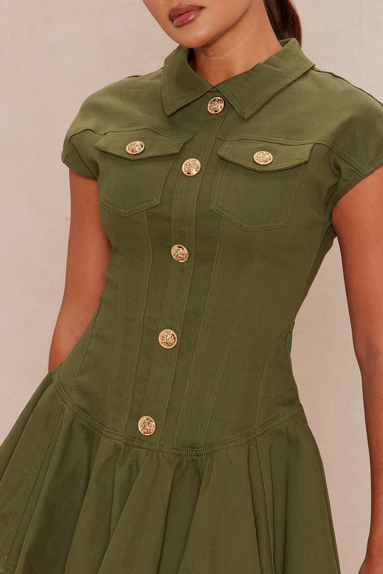 Dakota Pleated Denim Mini Dress - Olive 