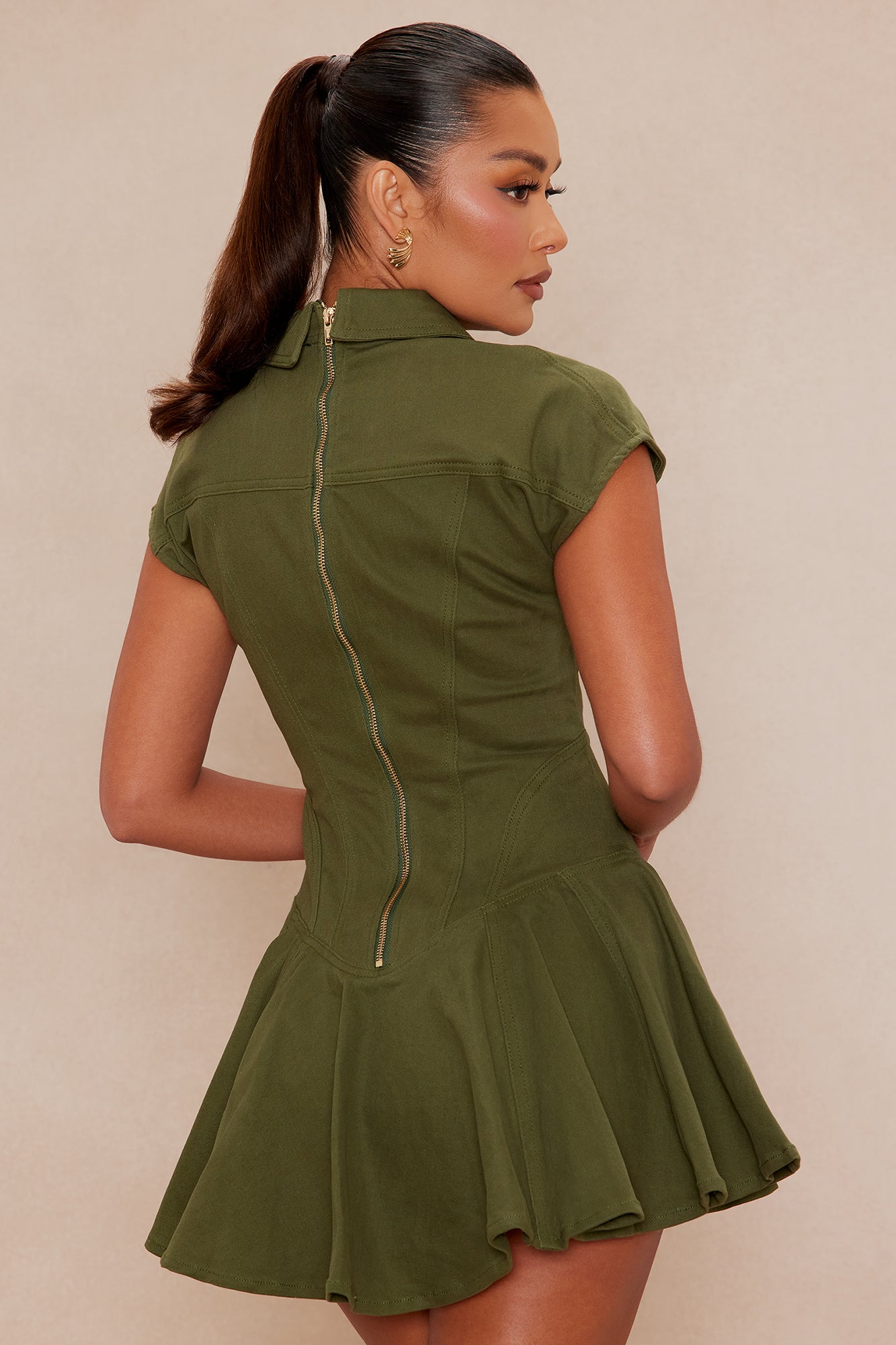 Dakota Pleated Denim Mini Dress - Olive 