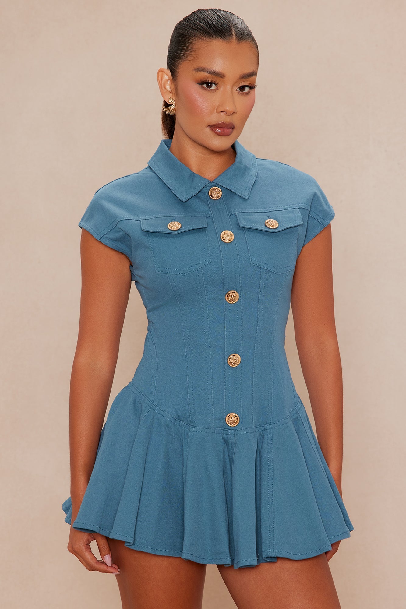 Dakota Pleated Denim Mini Dress - Slate Blue 