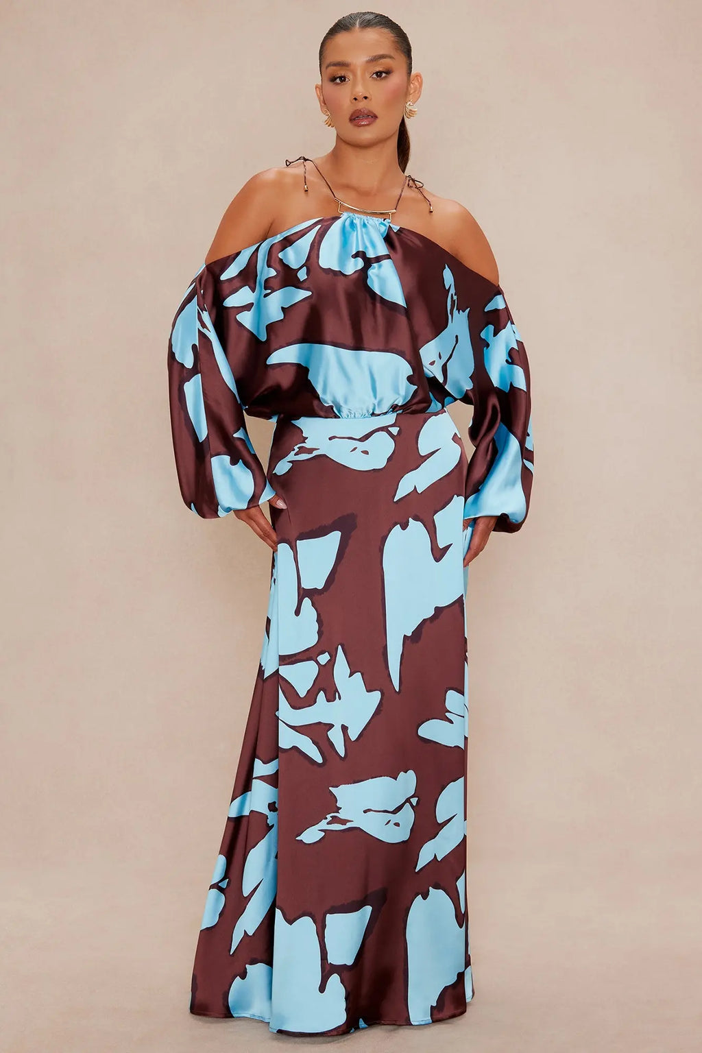 Vikki Satin Maxi Dress - Brown/combo 