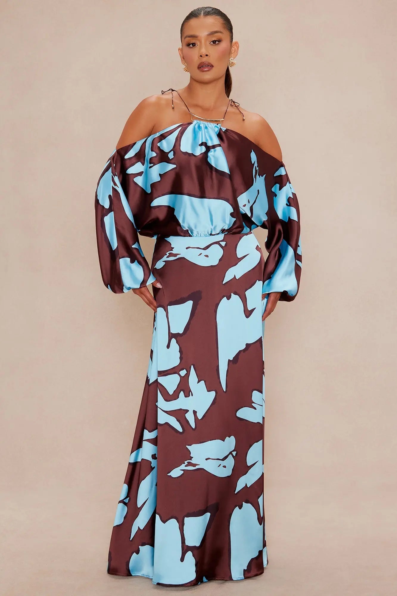 Vikki Satin Maxi Dress - Brown/combo 