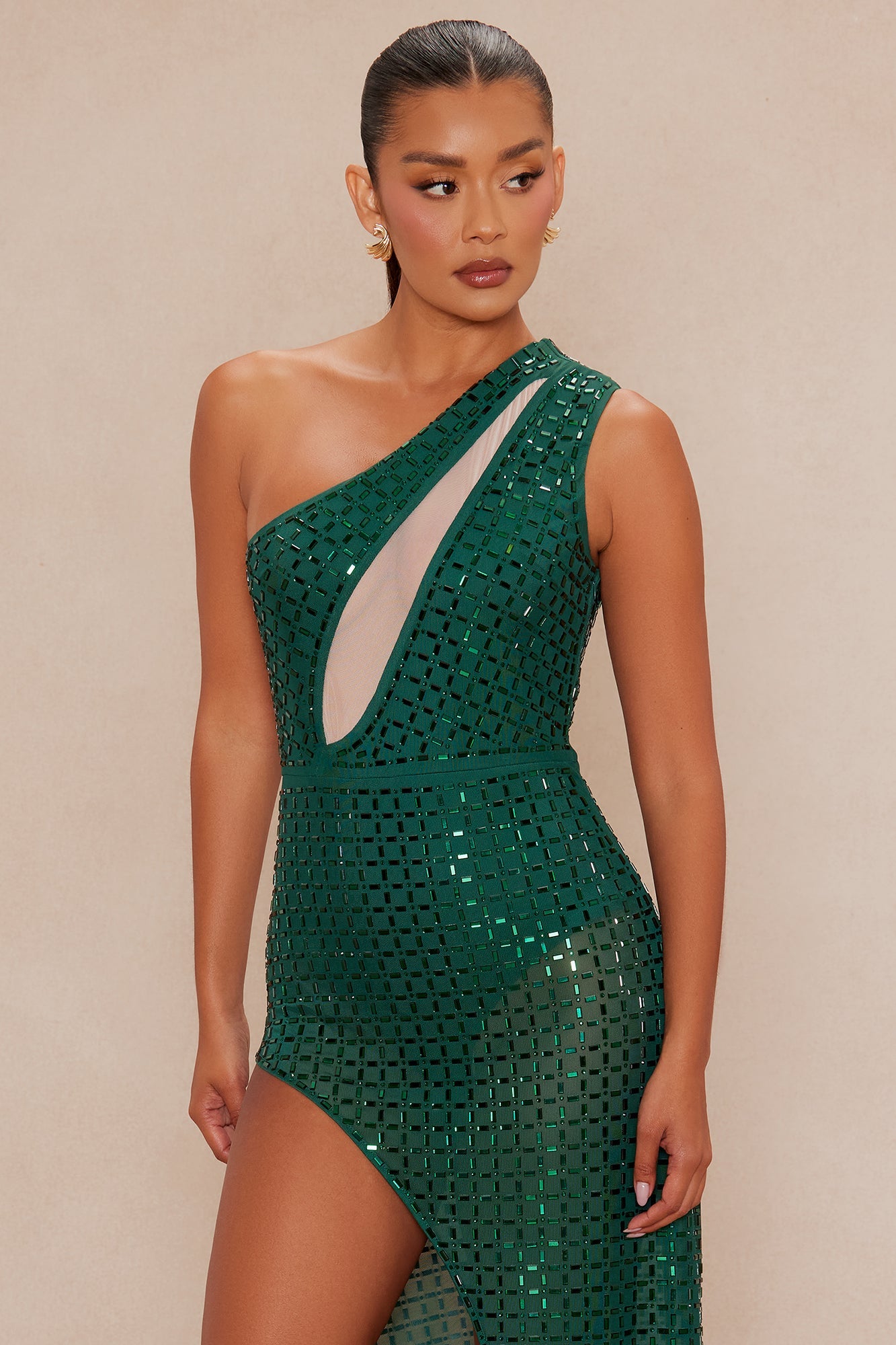 Elphie Sheer Rhinestone Maxi Dress - Emerald 