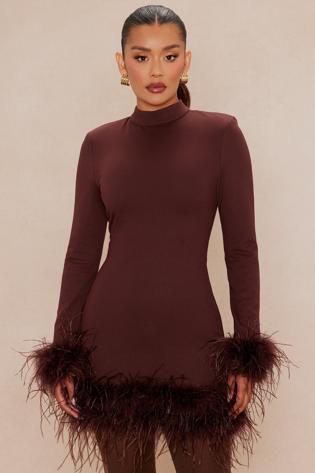 Cora Feathered Turtle Neck Mini Dress - Chocolate