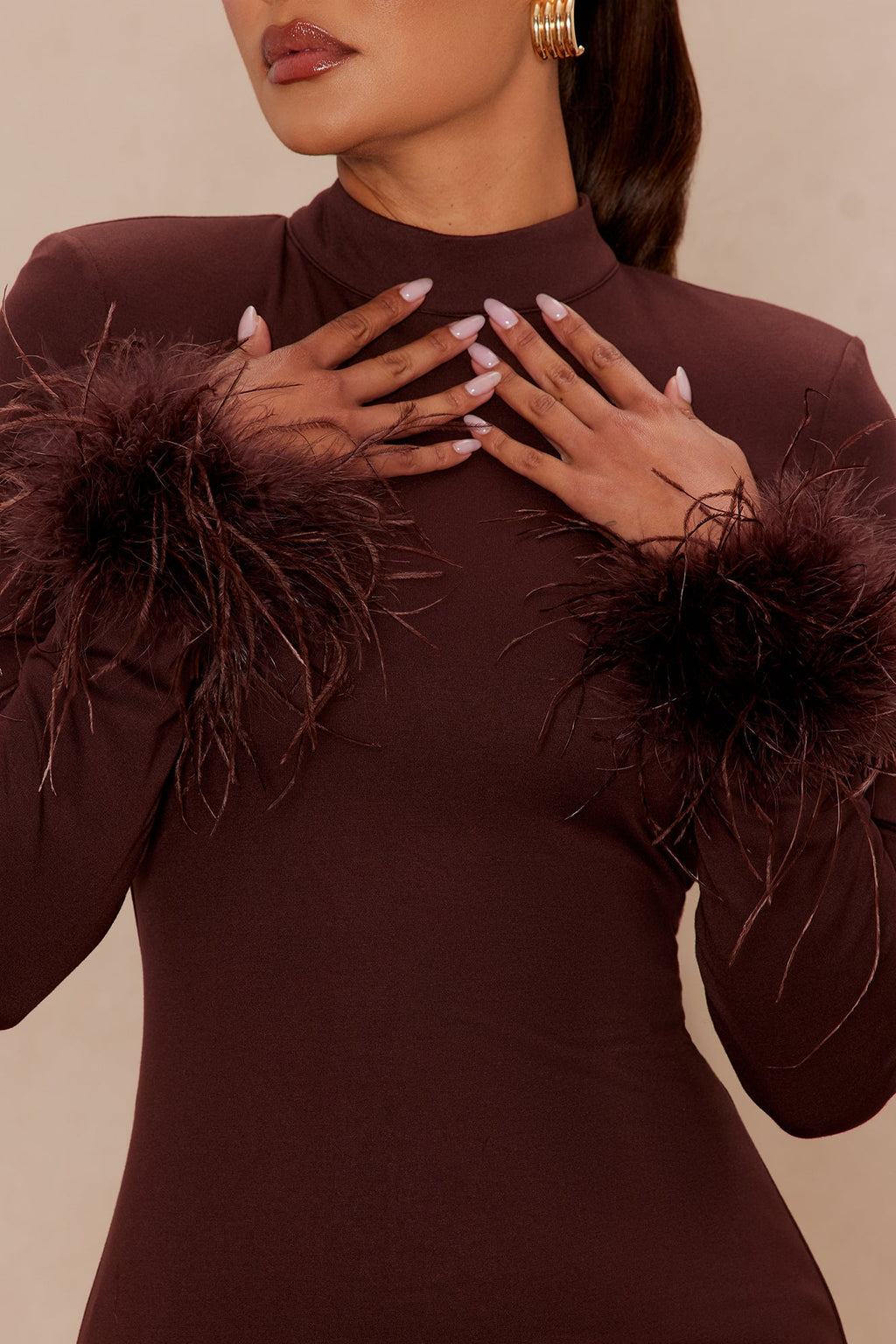 Cora Feathered Turtle Neck Mini Dress - Chocolate