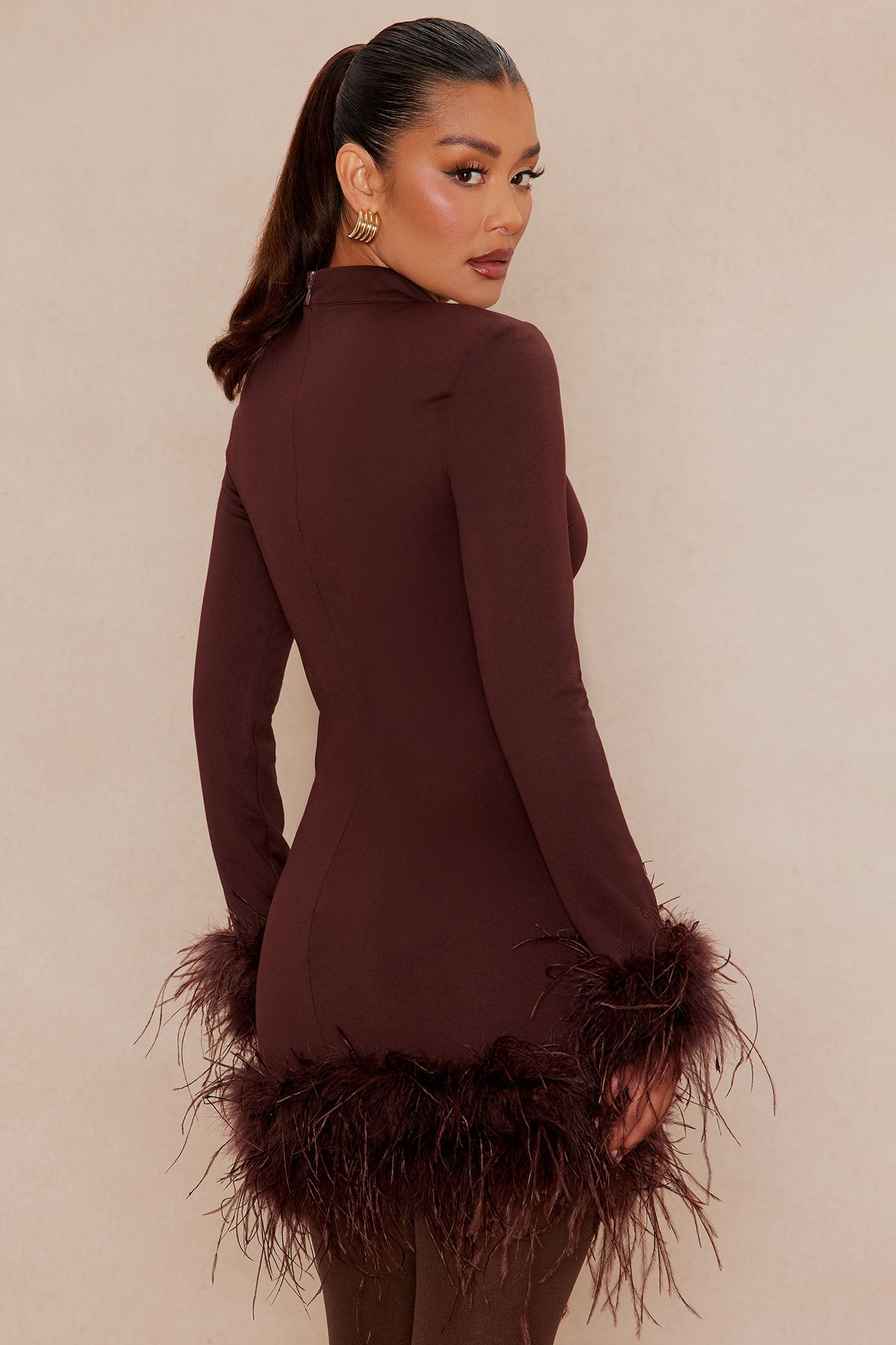 Cora Feathered Turtle Neck Mini Dress - Chocolate