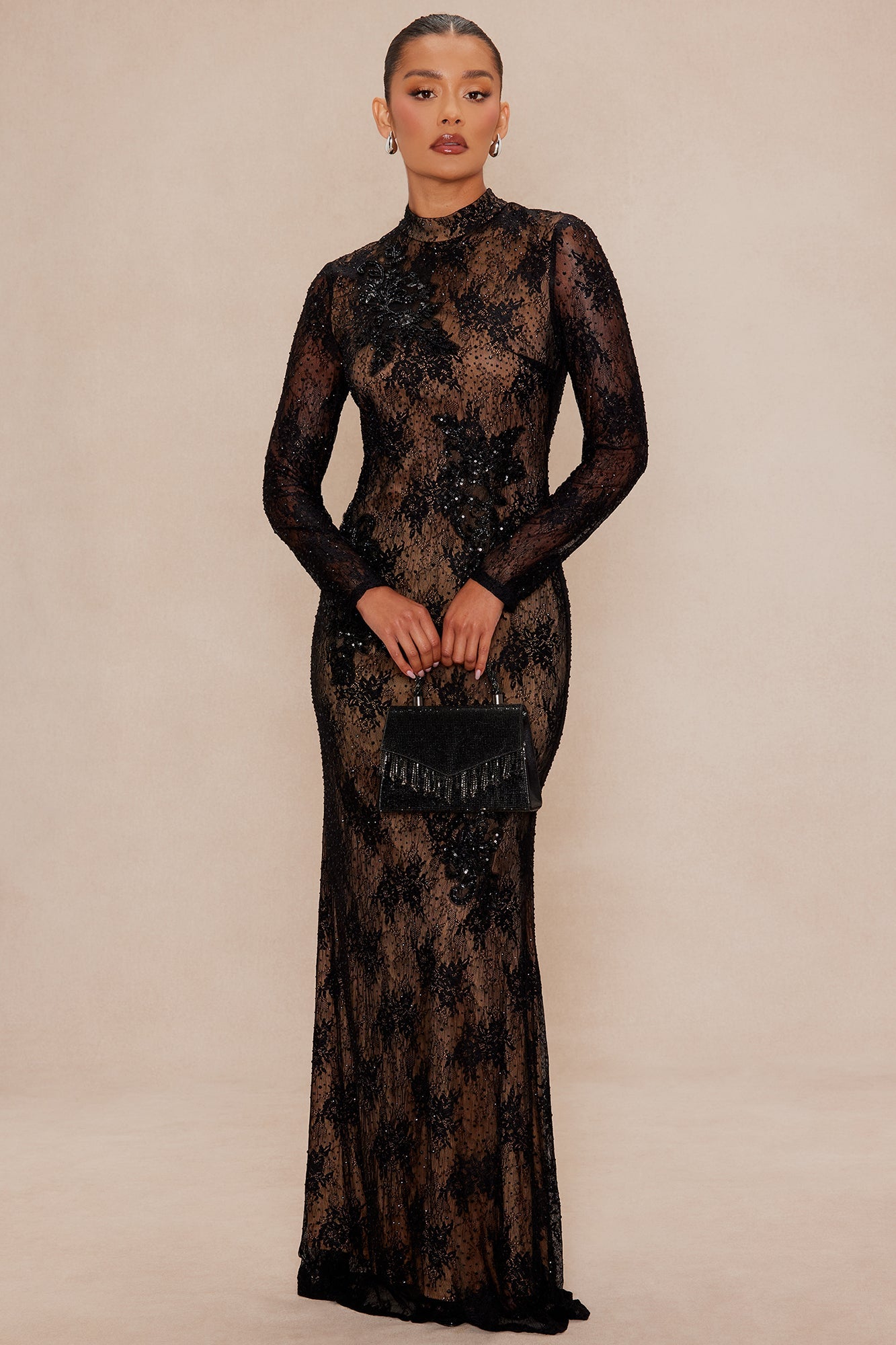 Dark Romance Embellished Lace Maxi Dress - Black 