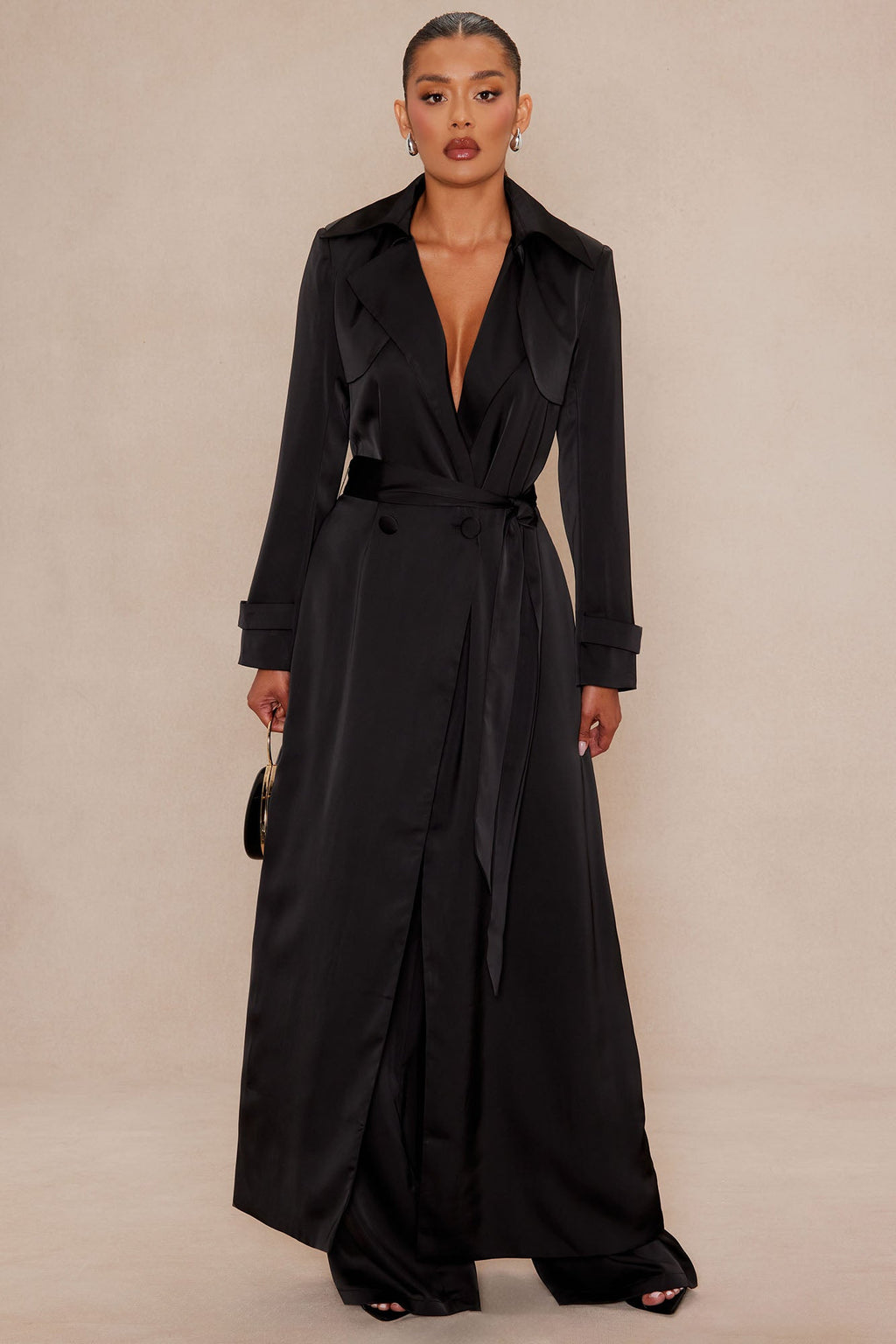 Gabriella Satin Trench Coat And Pant Set - Black