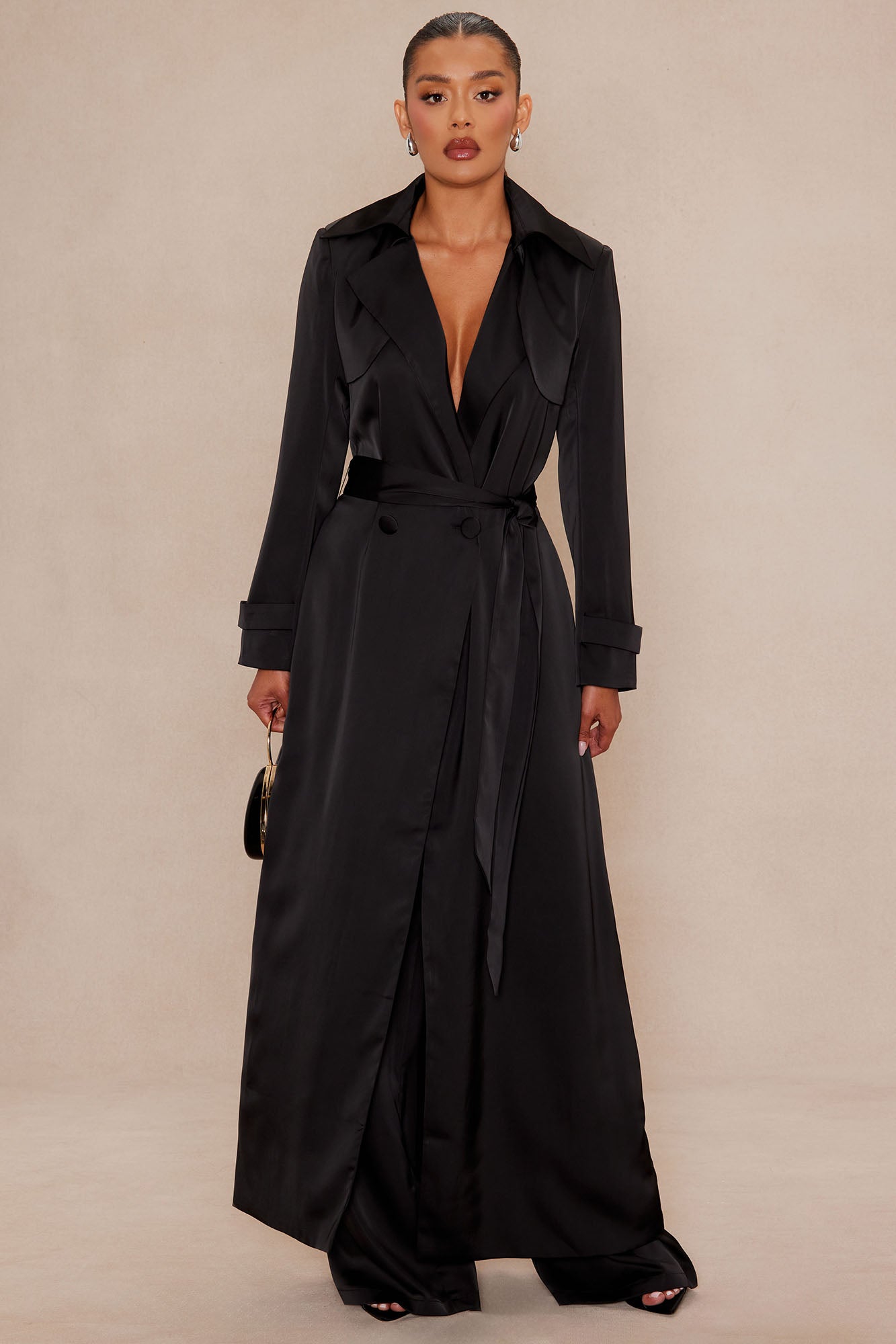 Gabriella Satin Trench Coat And Pant Set - Black