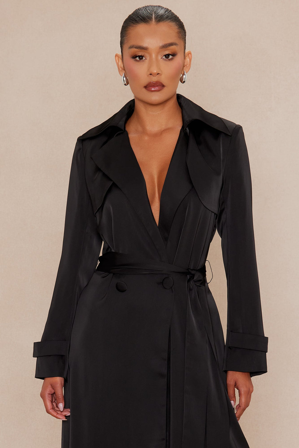 Gabriella Satin Trench Coat And Pant Set - Black
