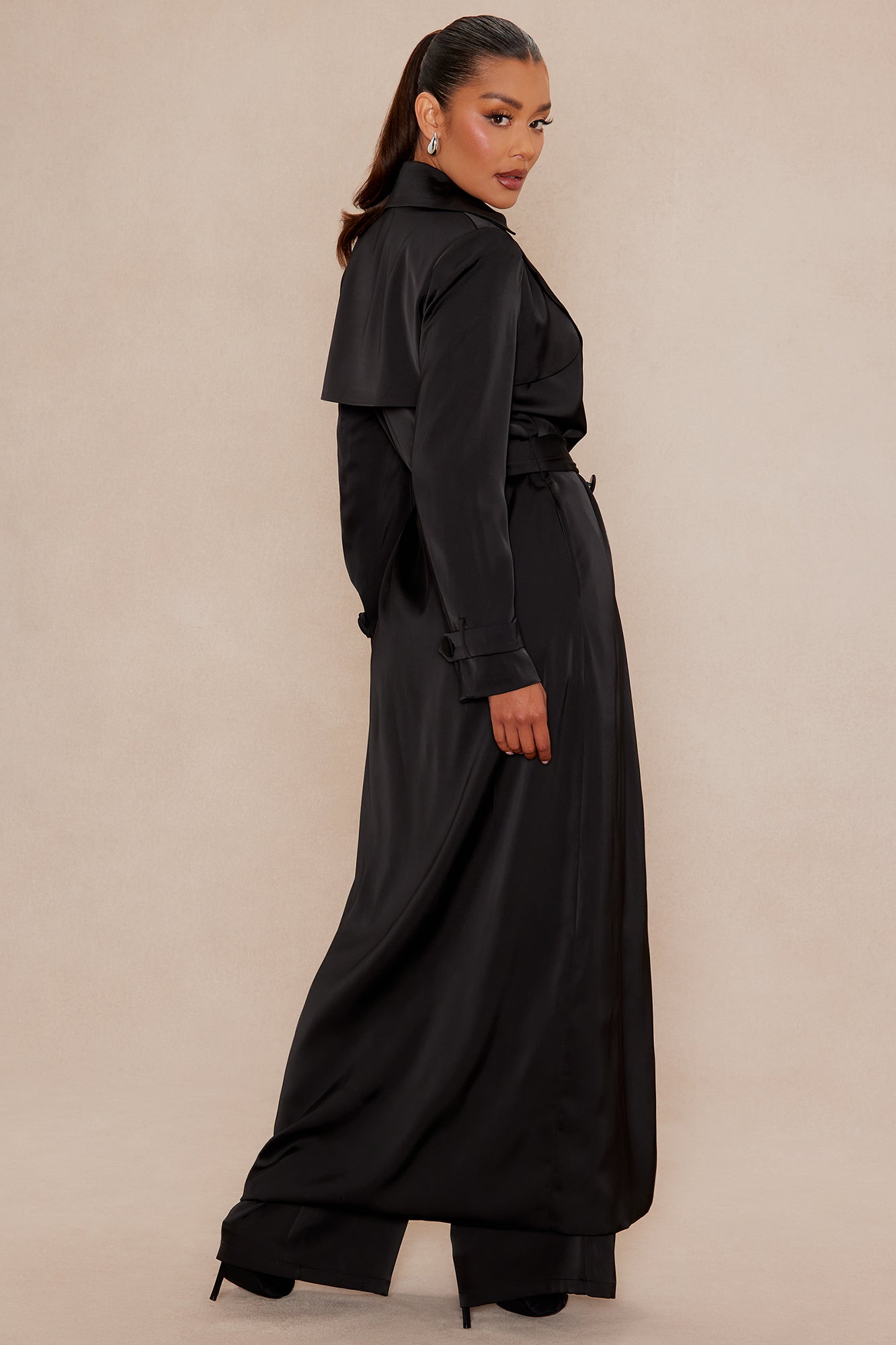 Gabriella Satin Trench Coat And Pant Set - Black