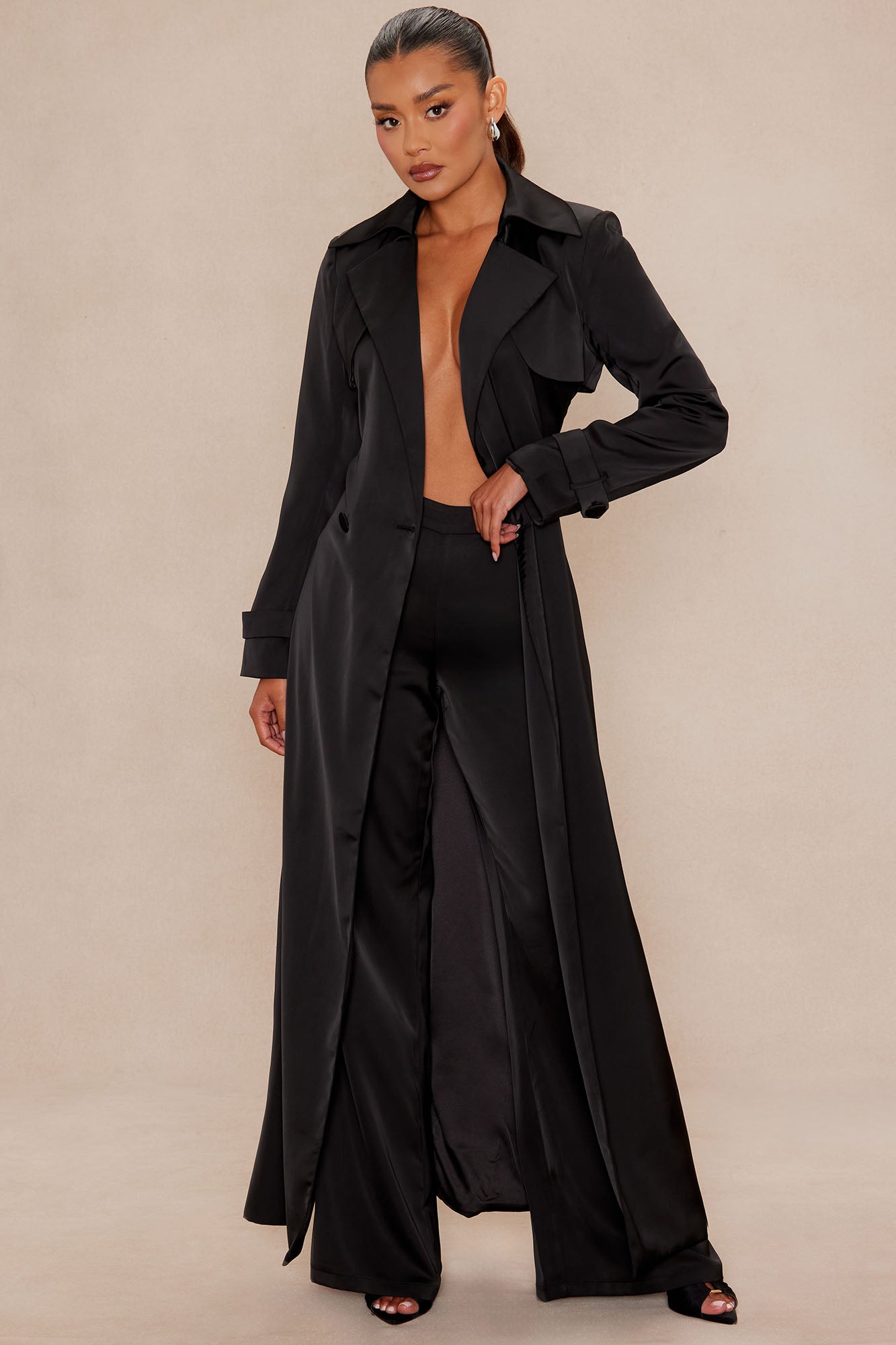 Gabriella Satin Trench Coat And Pant Set - Black