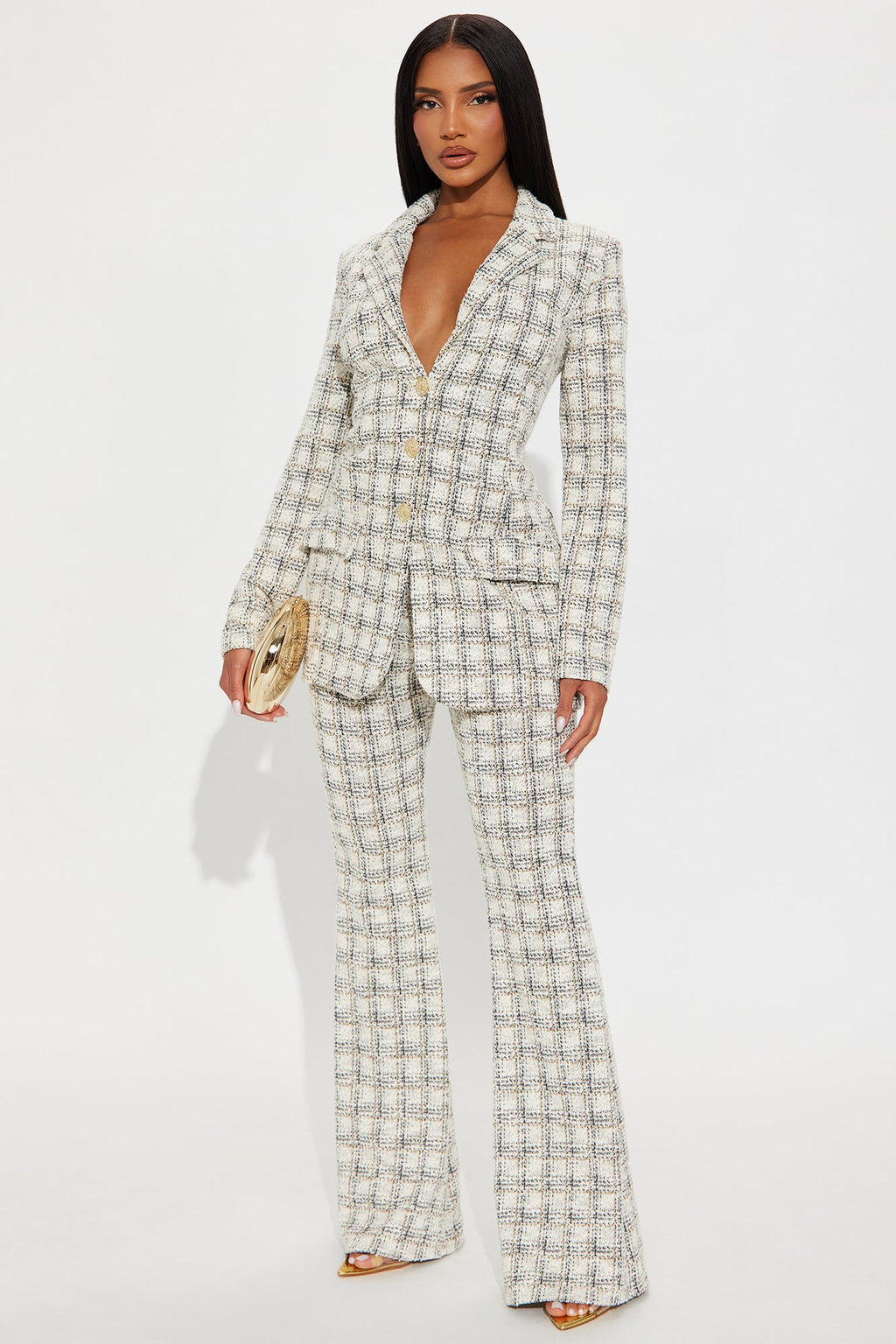 Bethany Tweed Blazer Pant Set - White/Black 