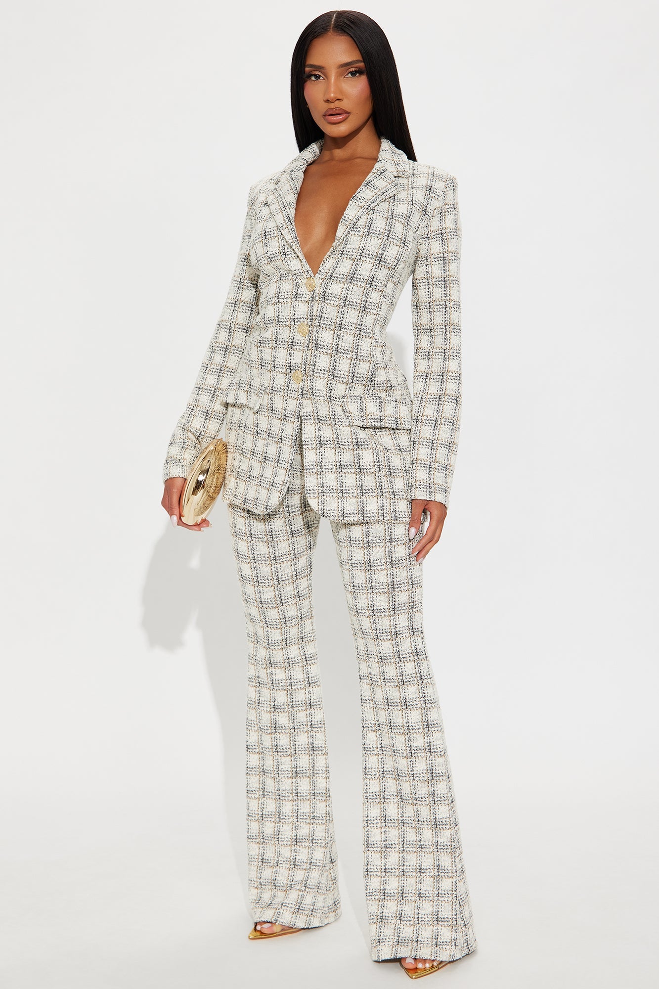 Bethany Tweed Blazer Pant Set - White/Black 
