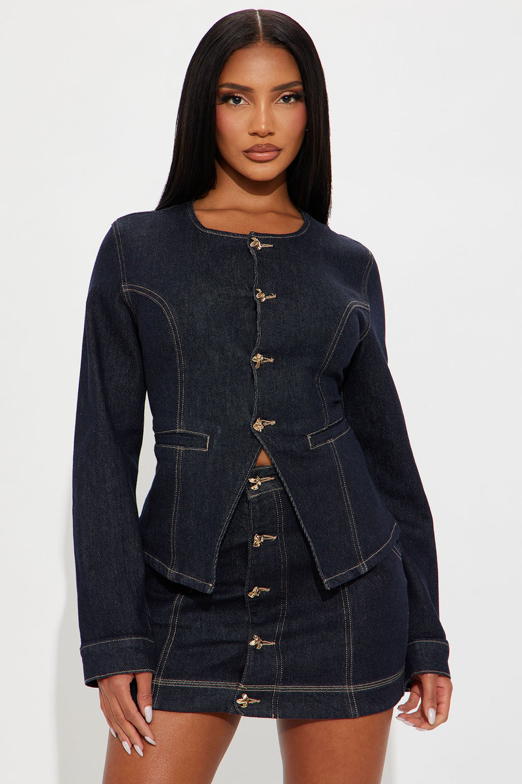 Caught The Blues Long Sleeve Mini Skirt Set - Denim 