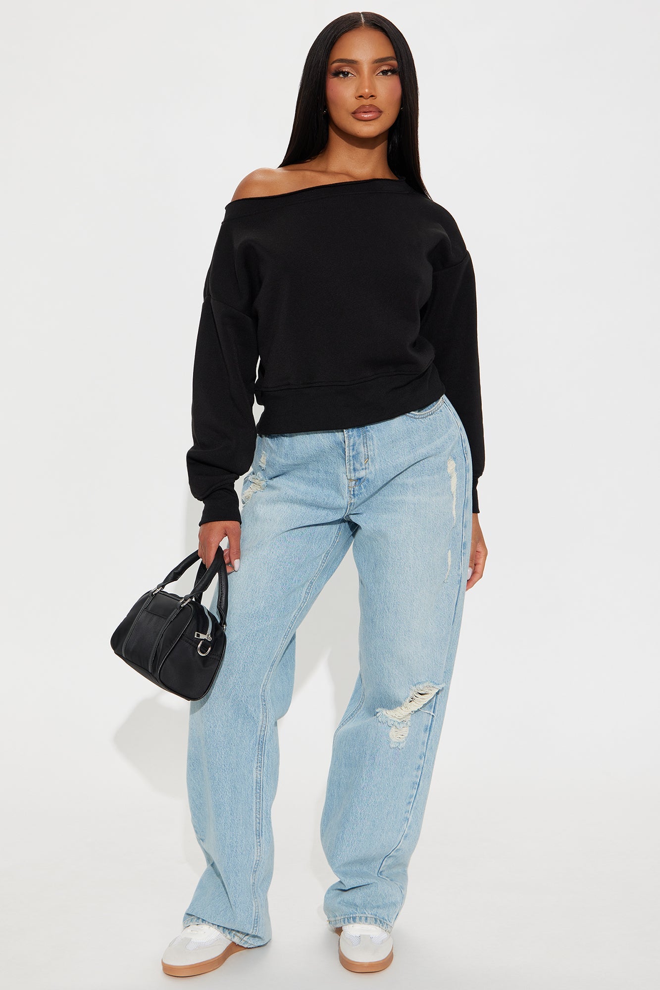 Offline Off Shoulder Fleece Sweatshirt - Black 