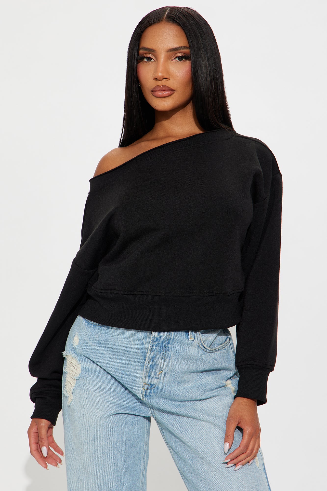 Offline Off Shoulder Fleece Sweatshirt - Black 