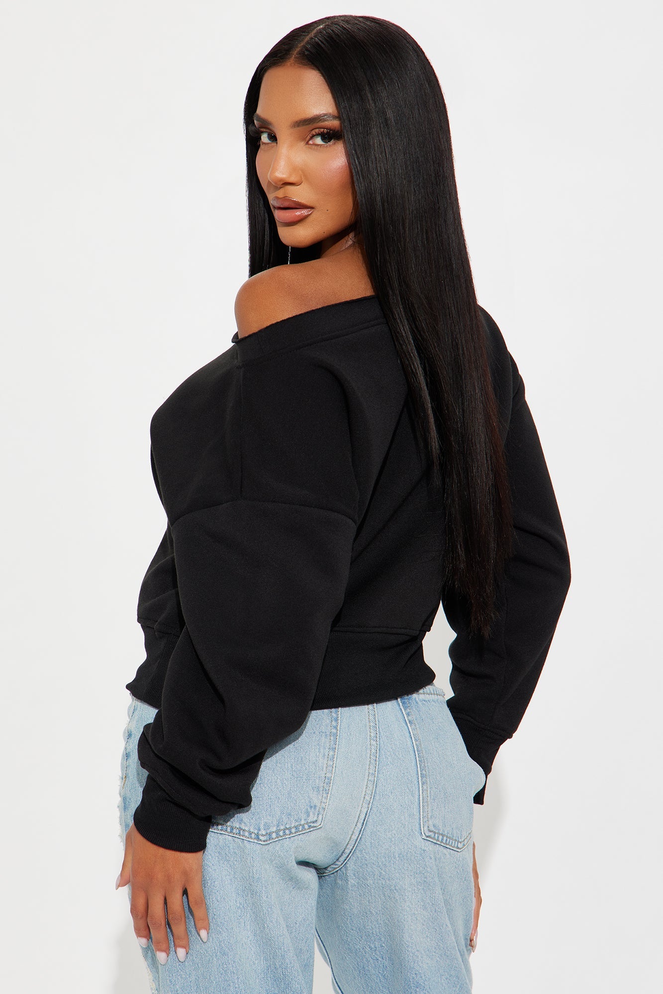 Offline Off Shoulder Fleece Sweatshirt - Black 