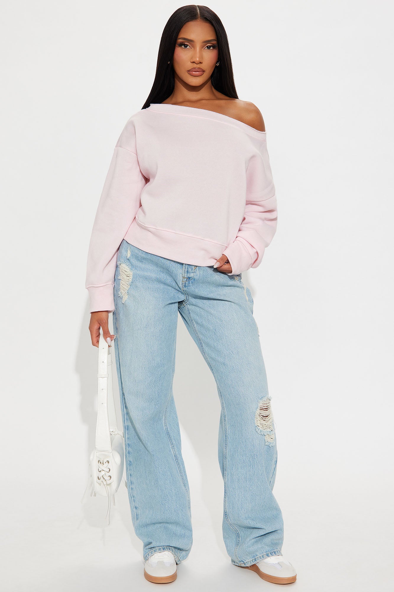 Offline Off Shoulder Fleece Sweatshirt - Pink 