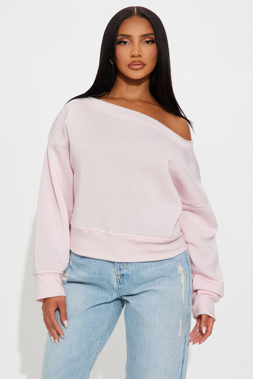 Offline Off Shoulder Fleece Sweatshirt - Pink 