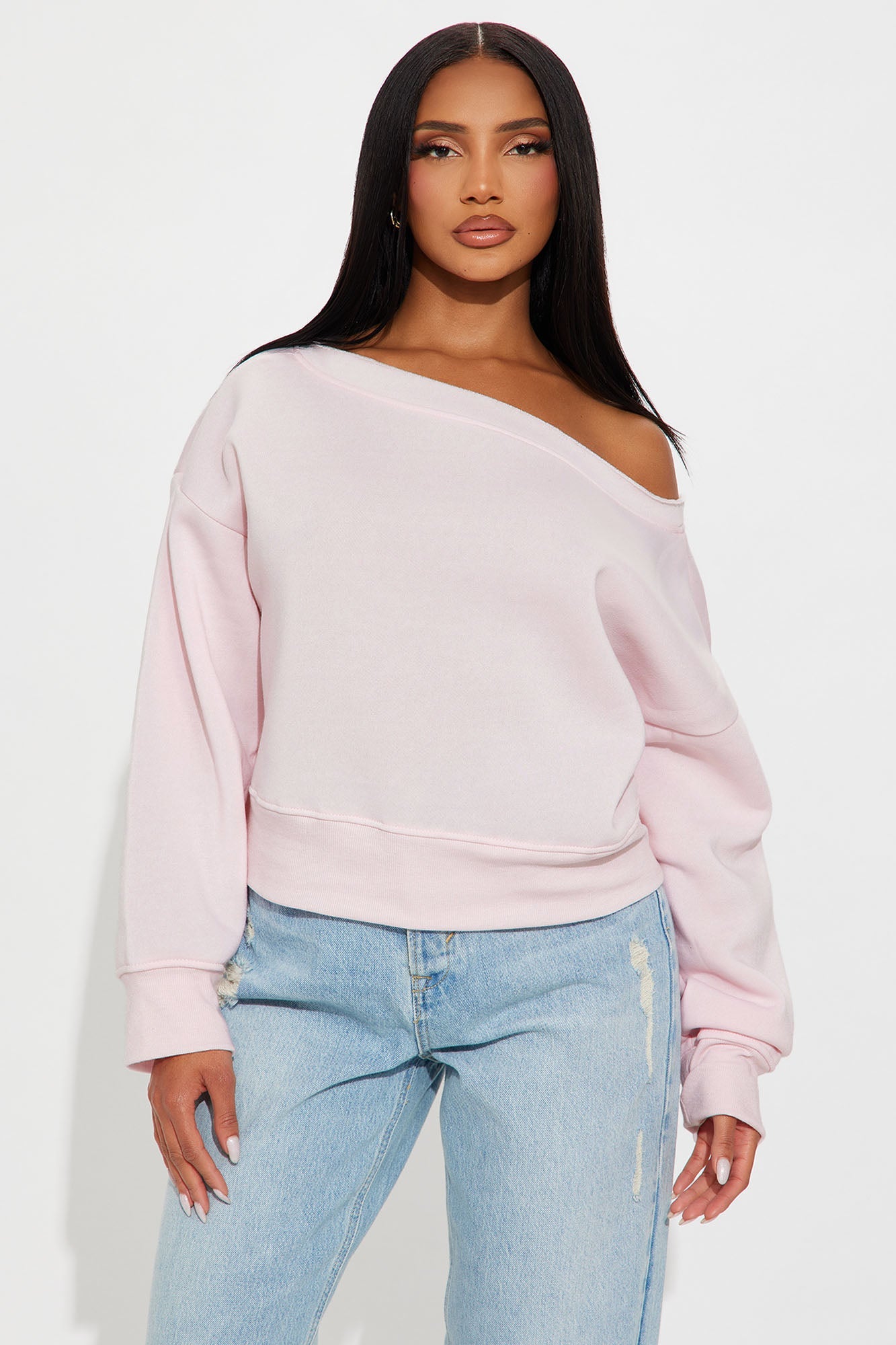 Offline Off Shoulder Fleece Sweatshirt - Pink 