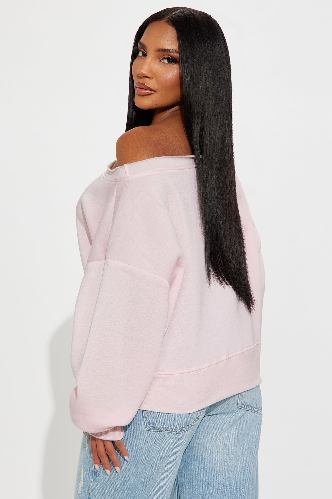 Offline Off Shoulder Fleece Sweatshirt - Pink 