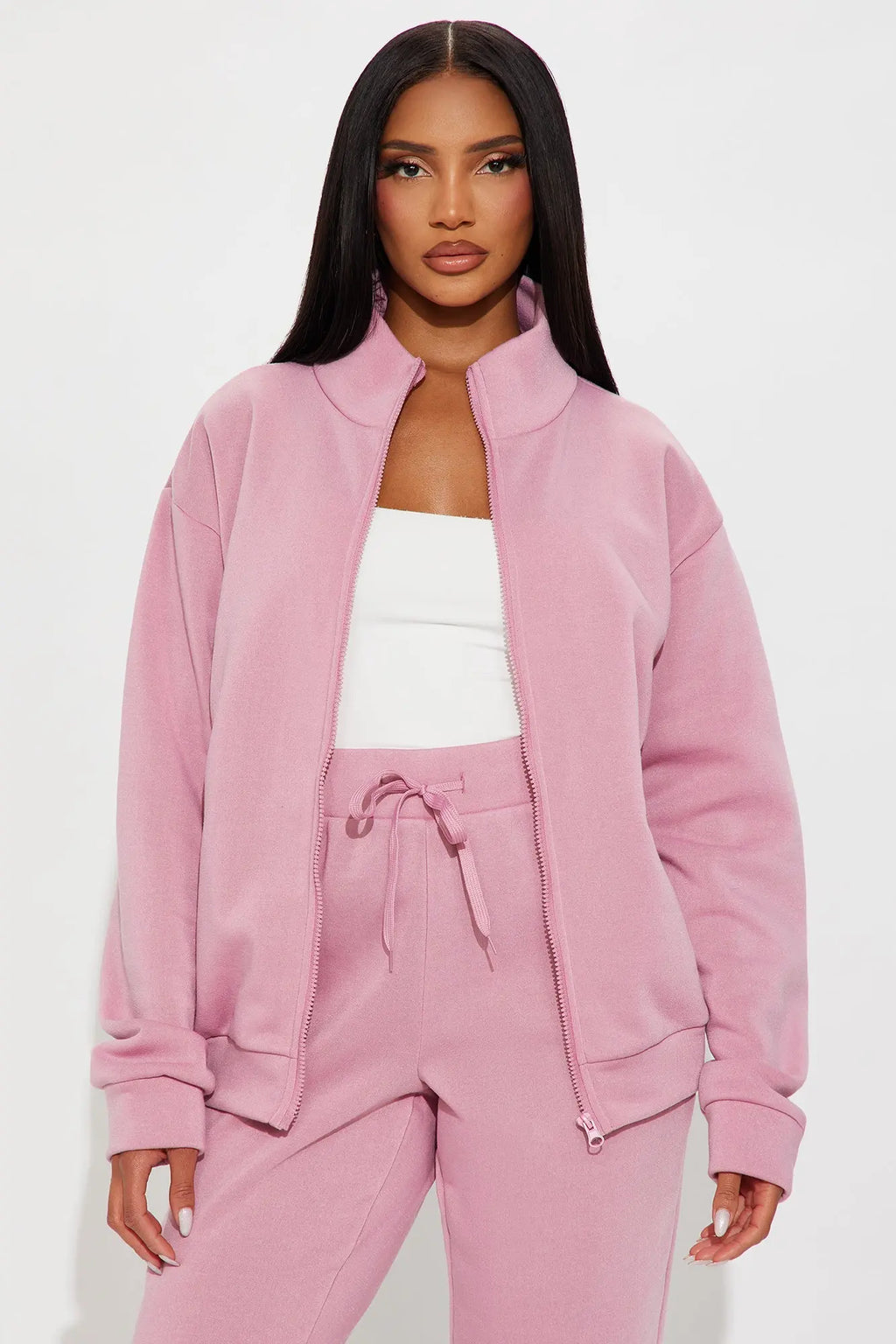 Demi Zip Up Fleece Pant Set - Mauve 
