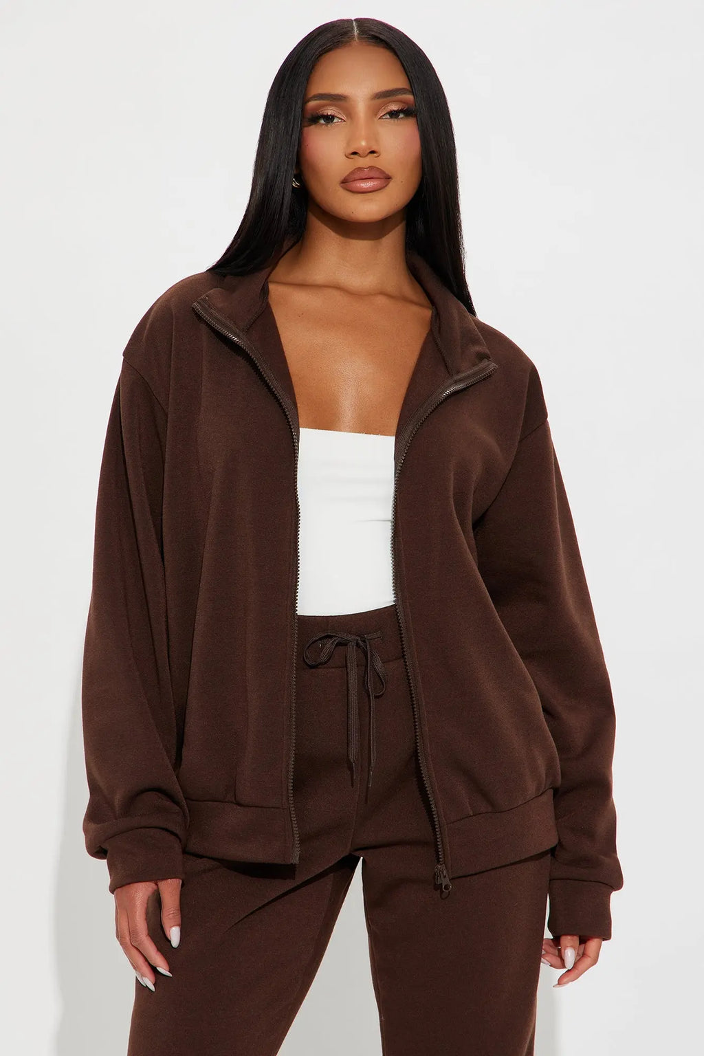 Demi Zip Up Fleece Pant Set - Chocolate 