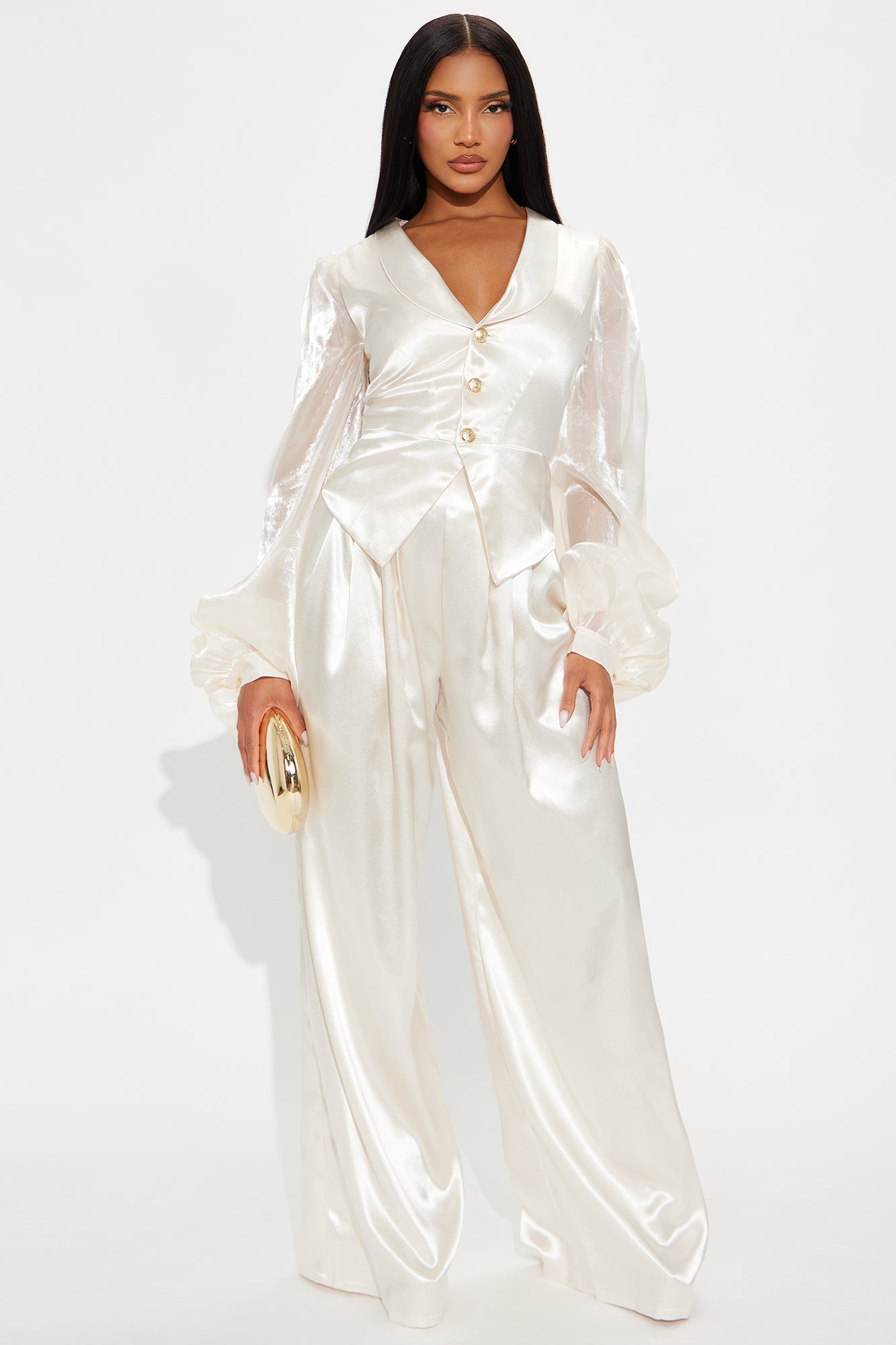 Whimsical Satin Balloon Sleeve Jumpsuit - Cream