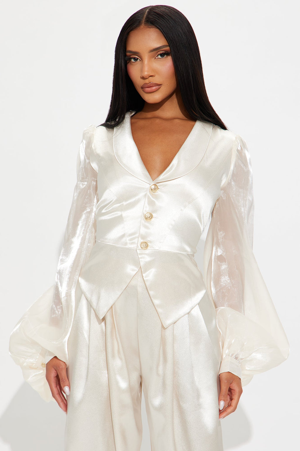 Whimsical Satin Balloon Sleeve Jumpsuit - Cream