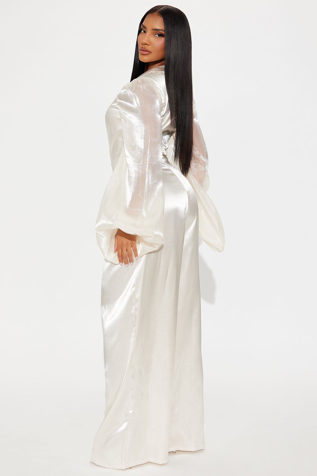 Whimsical Satin Balloon Sleeve Jumpsuit - Cream