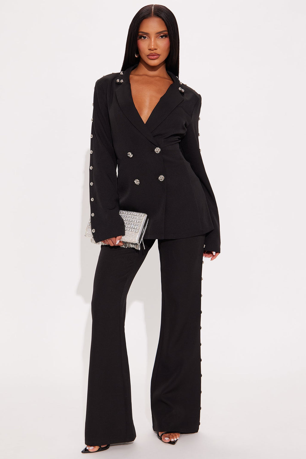 Janice Studded Blazer Pant Set - Black 
