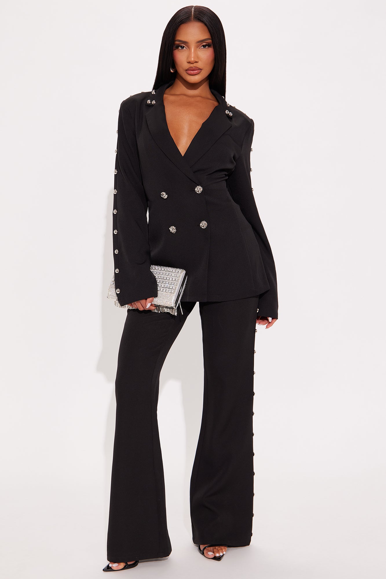 Janice Studded Blazer Pant Set - Black 