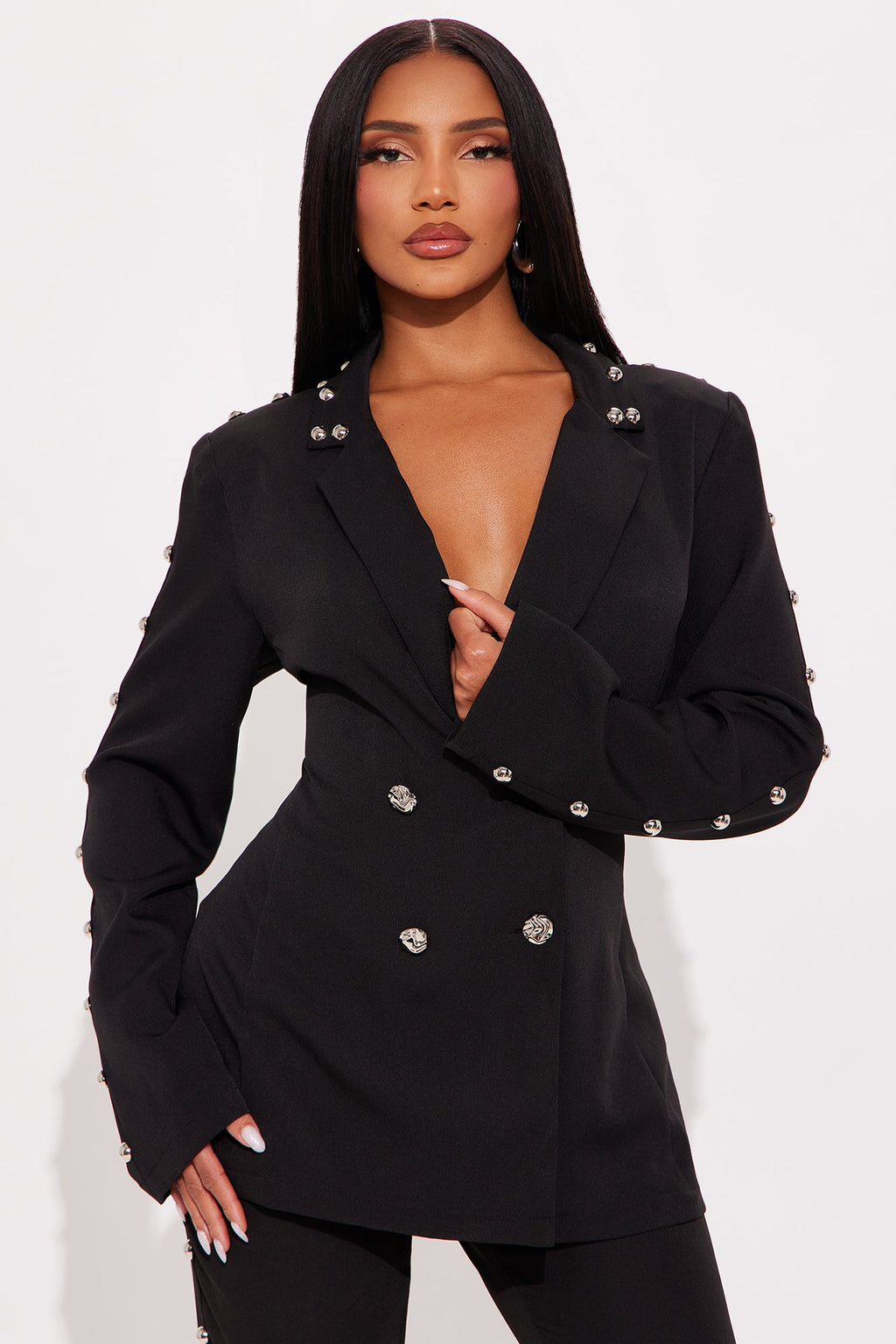 Janice Studded Blazer Pant Set - Black 