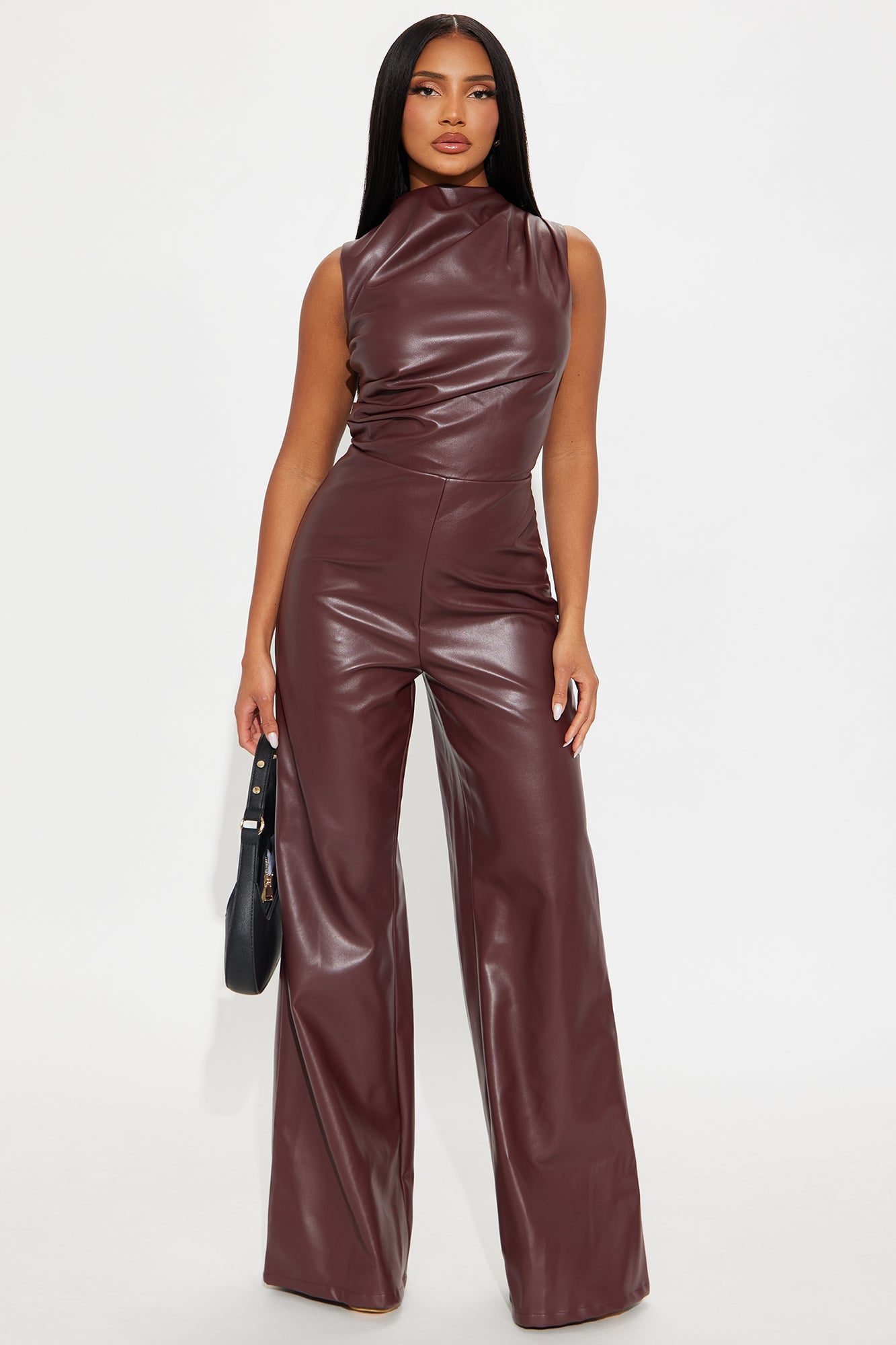 Isadora Faux Leather Wide Leg Jumpsuit - Burgundy