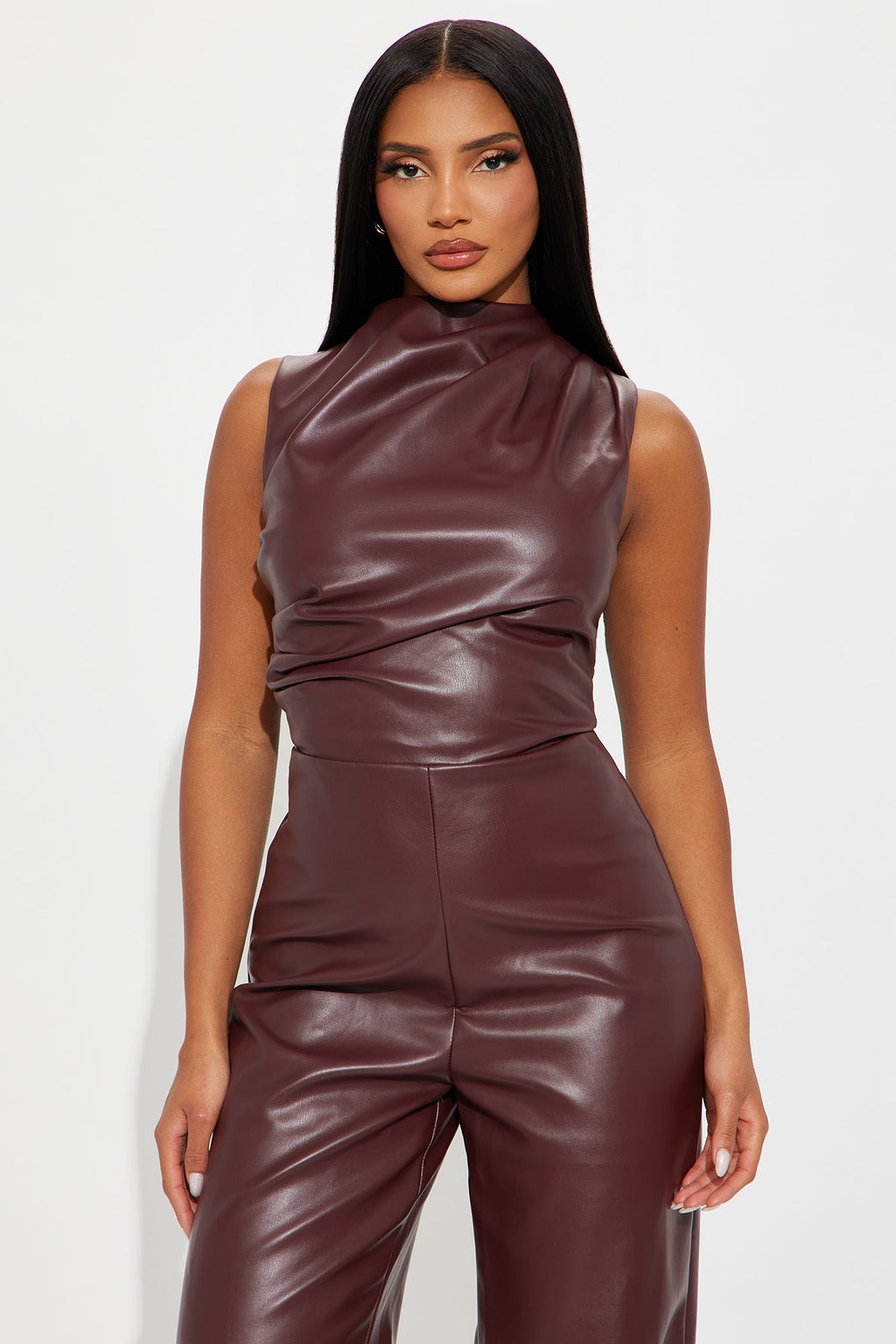 Isadora Faux Leather Wide Leg Jumpsuit - Burgundy