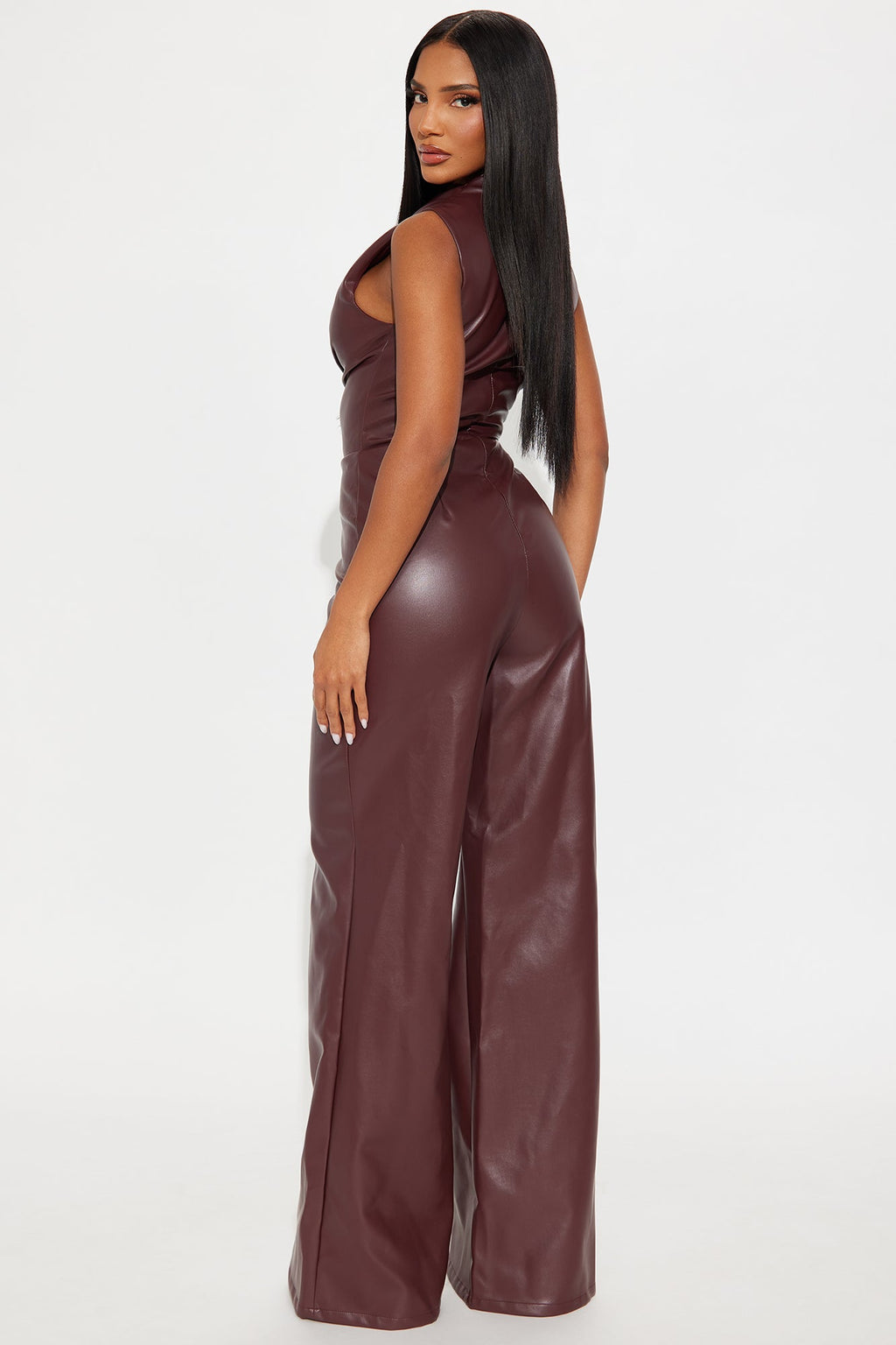 Isadora Faux Leather Wide Leg Jumpsuit - Burgundy
